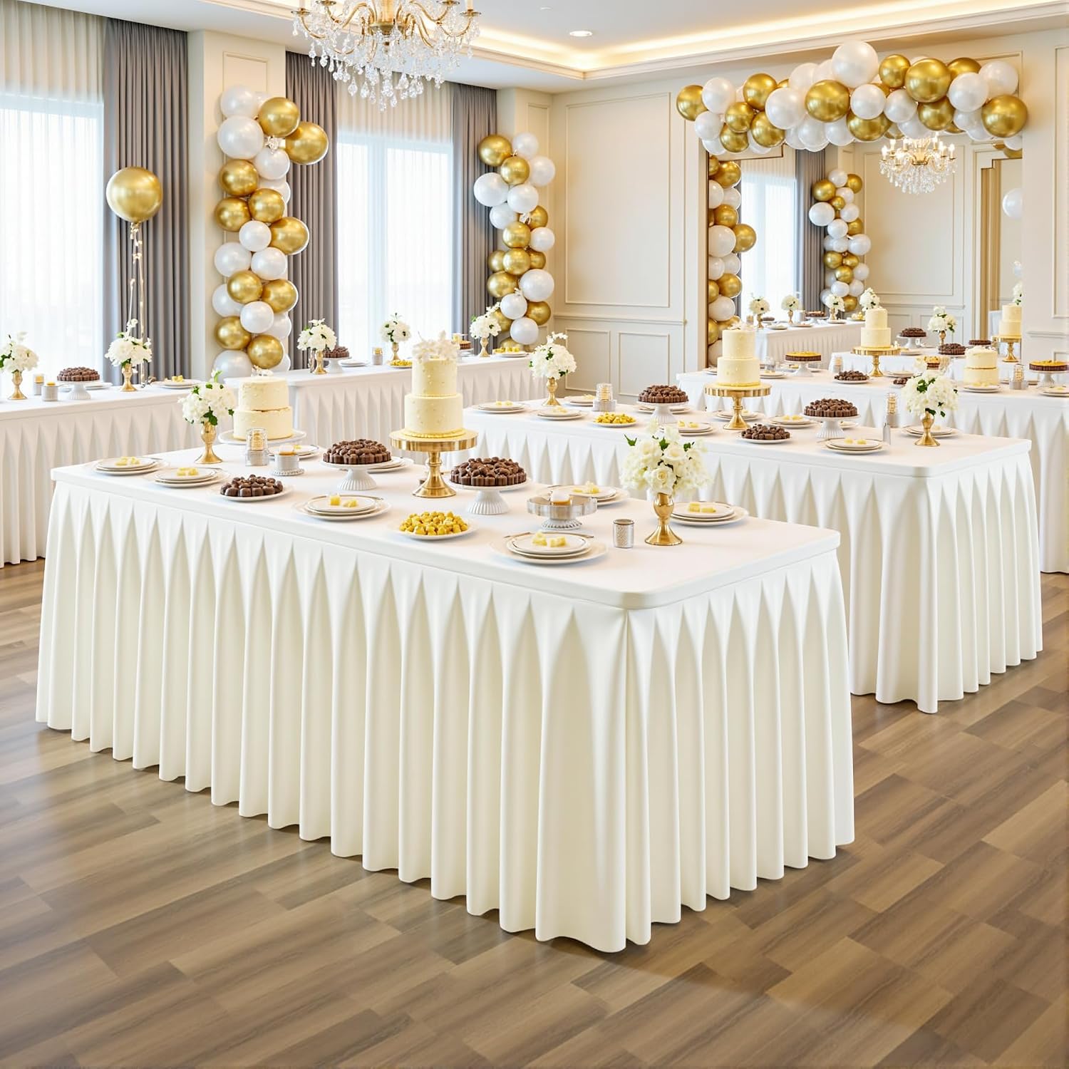 6 Pack Ivory Rectangle Tablecloth 8 FT Stretch Spandex Fitted Table Cloth for 8 Foot Rectangle Tables Banquet Tablecloths Wrinkle Free Table Cover Skirt Ruffle Tablecloth for Party Wedding Birthday