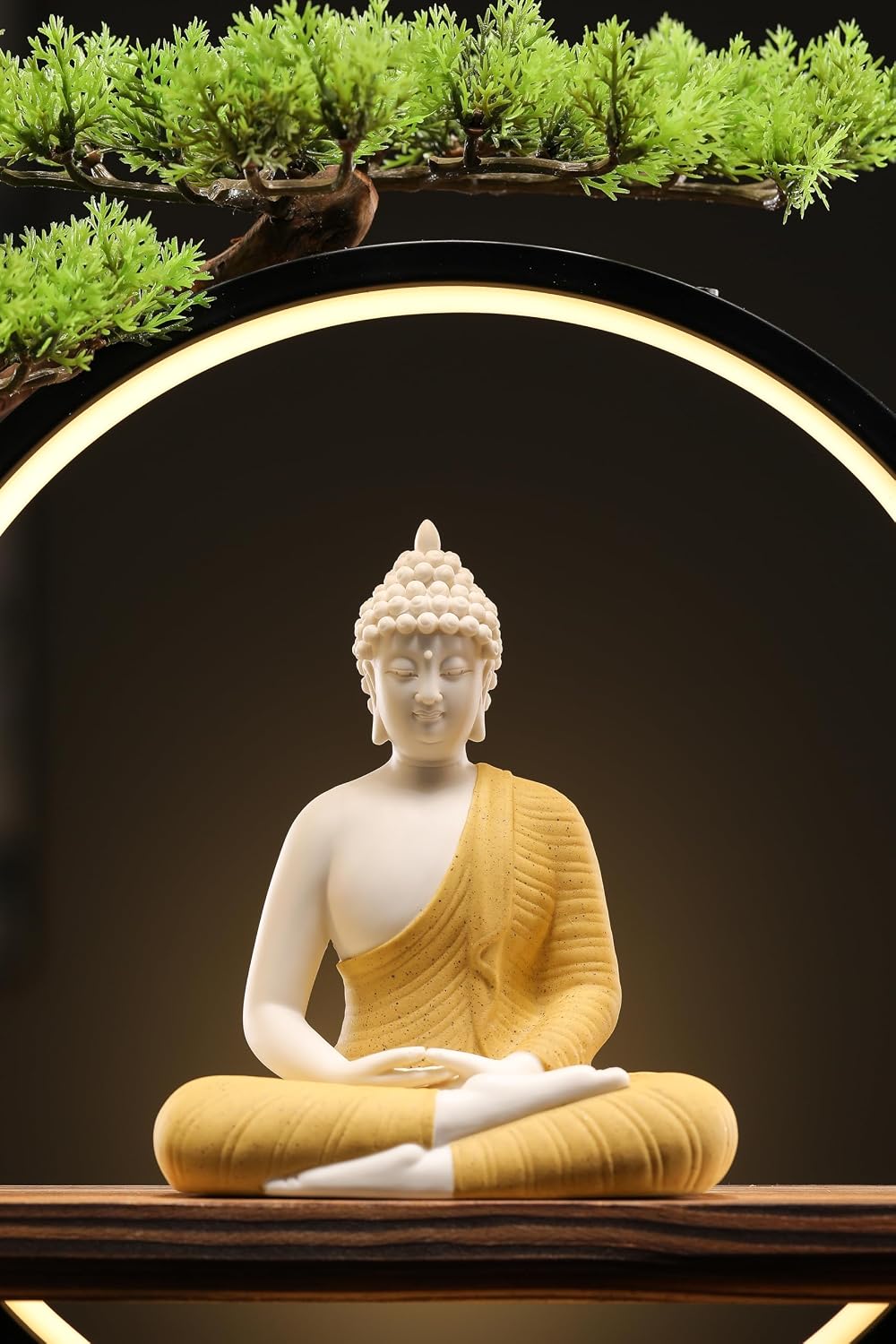 Houlu Yellow Buddha Statue with Green Artificial Tree and LED Circle Table Lamp, Indoor Ceramic Buddha Statues for Home Decor, 16.5 in