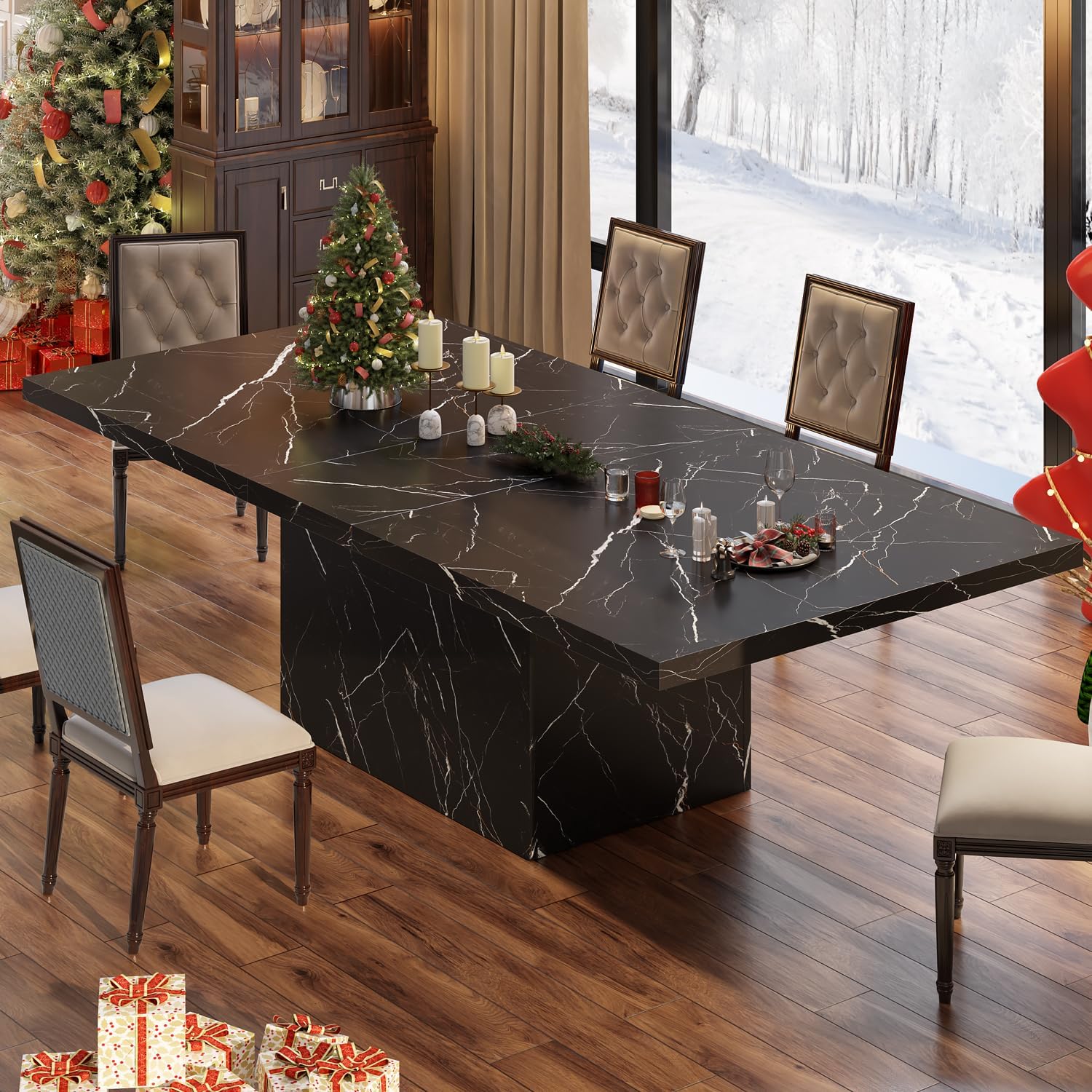 HSH 71' Black Dining Table for 6-8, Rectangle Modern Faux Marble Dinner Table, Large Dining Room Table for Kitchen Living Room, Industrial Wood Kitchen Table only with Sturdy Base, Black, 71 Inch