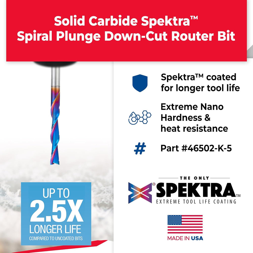 Amana Tool 46502-K-5 5-Pack SC Spektra Extreme Tool Life Coated Spiral Plunge 1/4 Dia x 1-1/2 CH x 1/4 SHK 3-1/2 Inch Long Down-Cut Router Bits