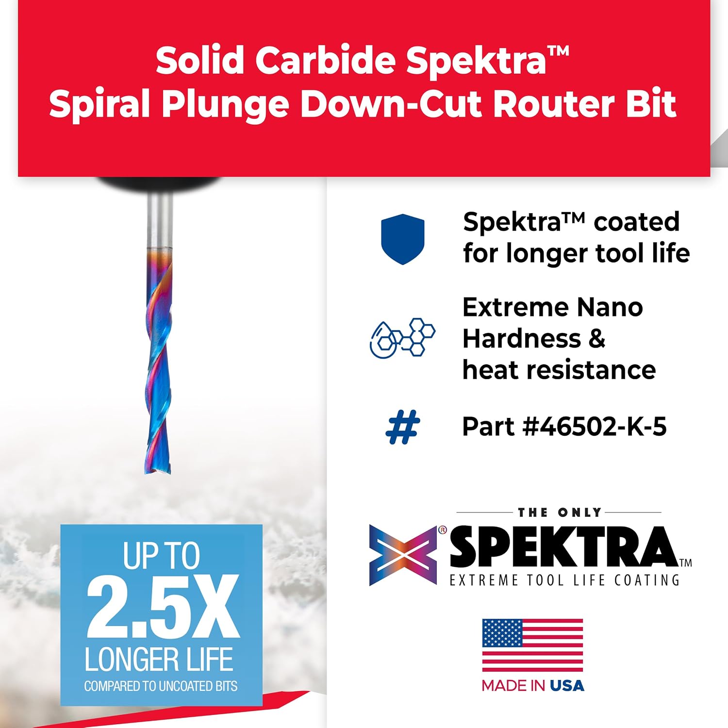 Amana Tool 46502-K-5 5-Pack SC Spektra Extreme Tool Life Coated Spiral Plunge 1/4 Dia x 1-1/2 CH x 1/4 SHK 3-1/2 Inch Long Down-Cut Router Bits
