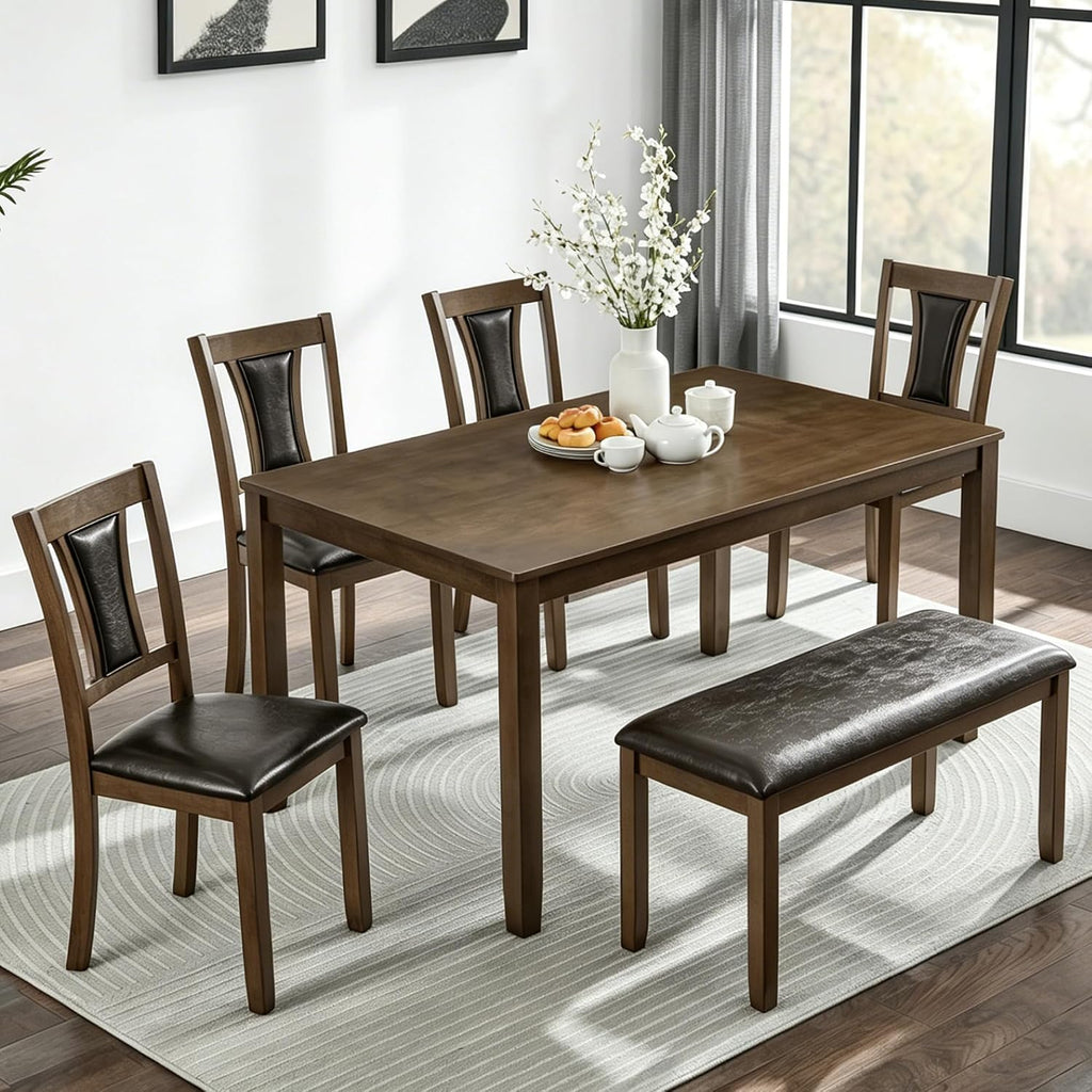 LUMISOL 6-Piece Modern Dining Table Set with Upholstered Chairs of 6, Wooden Rectangular Table for 6-7 People, Farmhouse Kitchen Table Set with Bench for Restaurant, Walnut