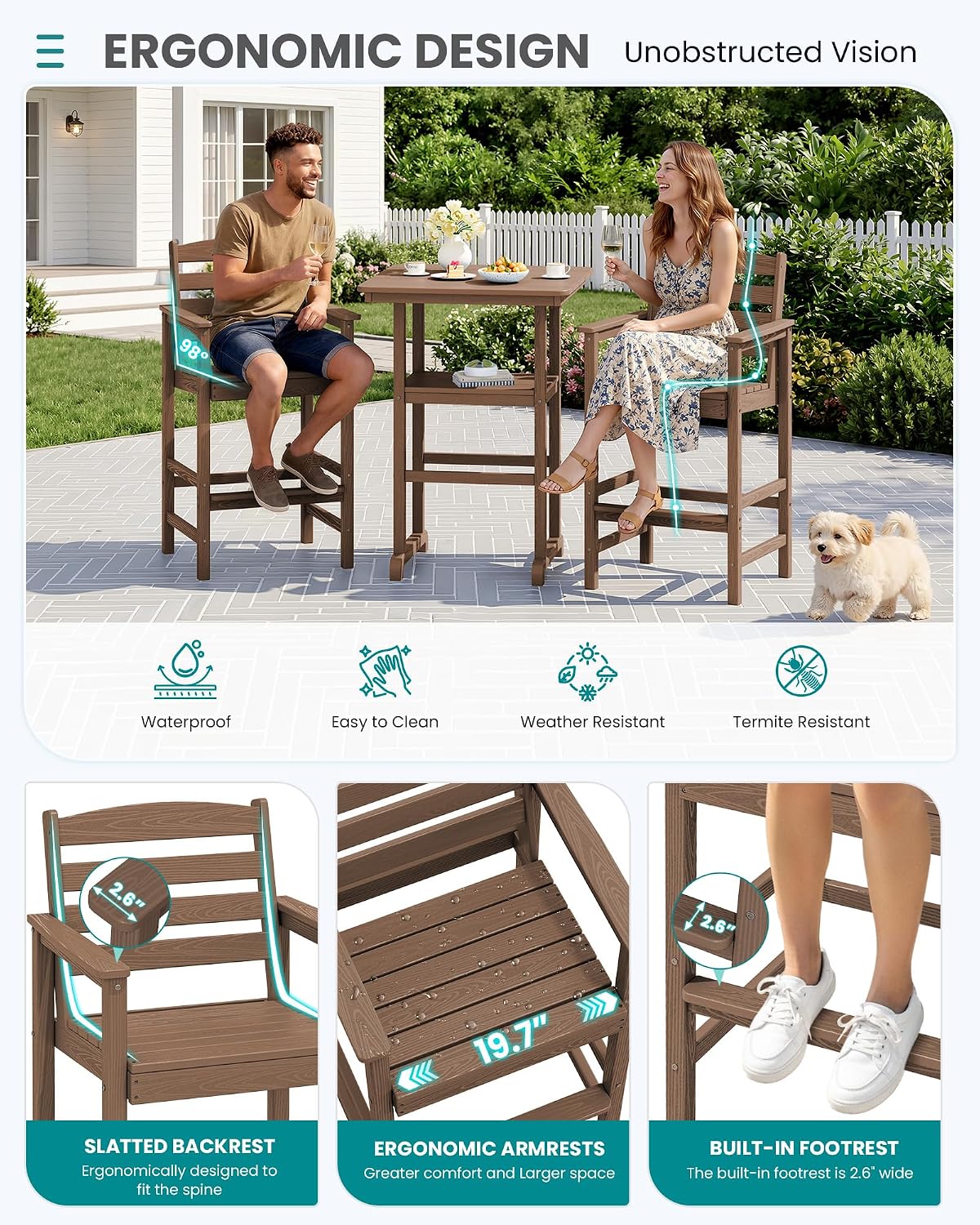 SERWALL Balcony Adirondack Chairs and Table 3 Pieces Set, Oversize Adirondack Bar Height Chairs Set of 2 and Bar Table, Outdoor Bar Stools Set, Brown