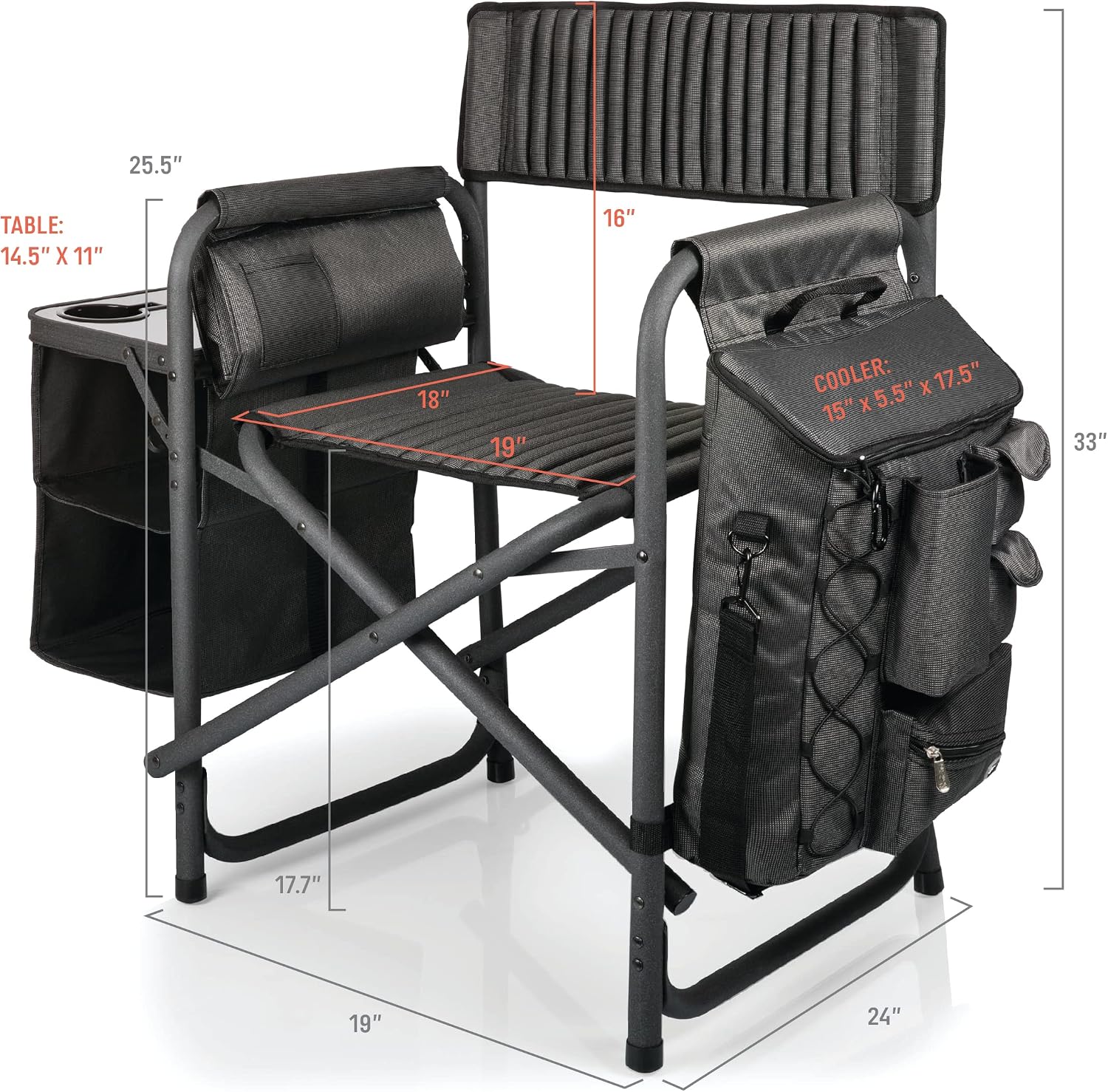 PICNIC TIME Fusion Camping Chair with Side Table and Soft Cooler, Outdoor Foldable Padded Camping Chairs with Cup Holder for Lawn, Beach, & Sports Use for Adults, (Dark Gray Black Accents)