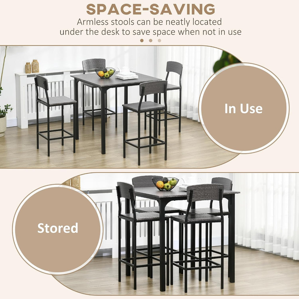 HOMCOM 5-Piece Counter Height Bar Table with Space-Saving Design, Square Kitchen Table and Chairs Set with Footrest, Metal Legs, Industrial Dining Table Set for 4, Gray