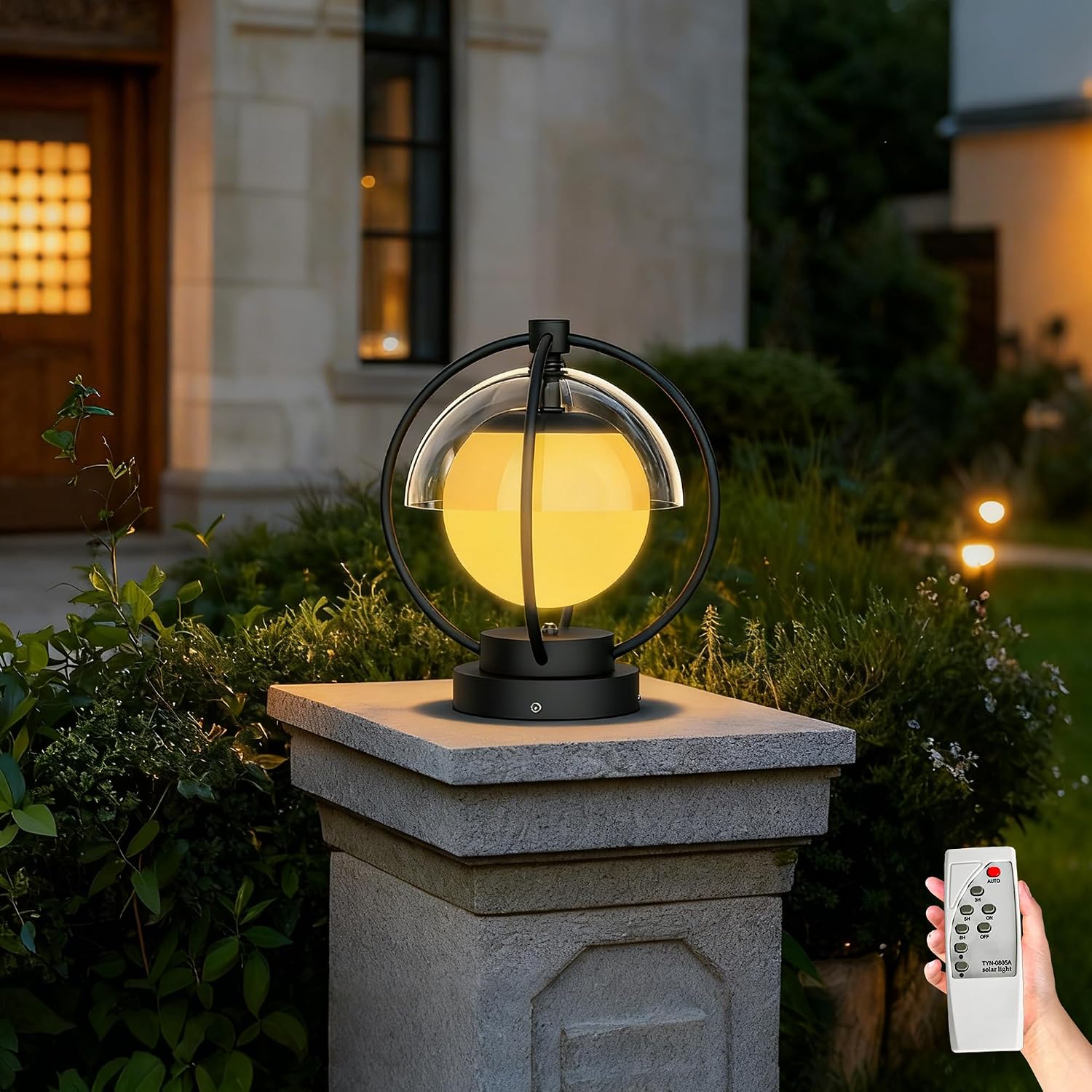 Solar Post Lights with Remote Control, Modern Pillar Light Dusk to Dawn IP54 Waterproof Solar Post Cap Lights with 3200K LED Outdoor Light Fixture for Garden Deck Patio Outside Lighting (Moon)