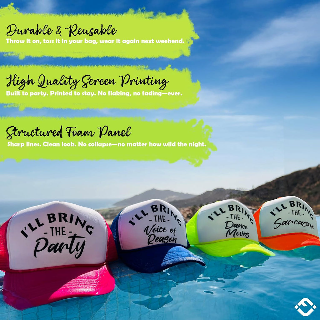 Funky Junque Women's Funny Trucker Hats: Adult Humor for Bachelorette & Girls Trips, Groups 3-25, Mesh Hat - I'll Bring The's