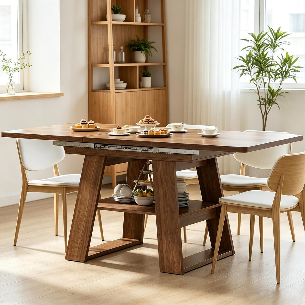 Lxsxlome 47.24''-66.92'' Extendable Dining Room Table for 4-6, Rectangle Extendable Kitchen Table with Removable Leaves, Space Saving, Wooden Dining Table with Storage Shelf (Style 2, Walnut)