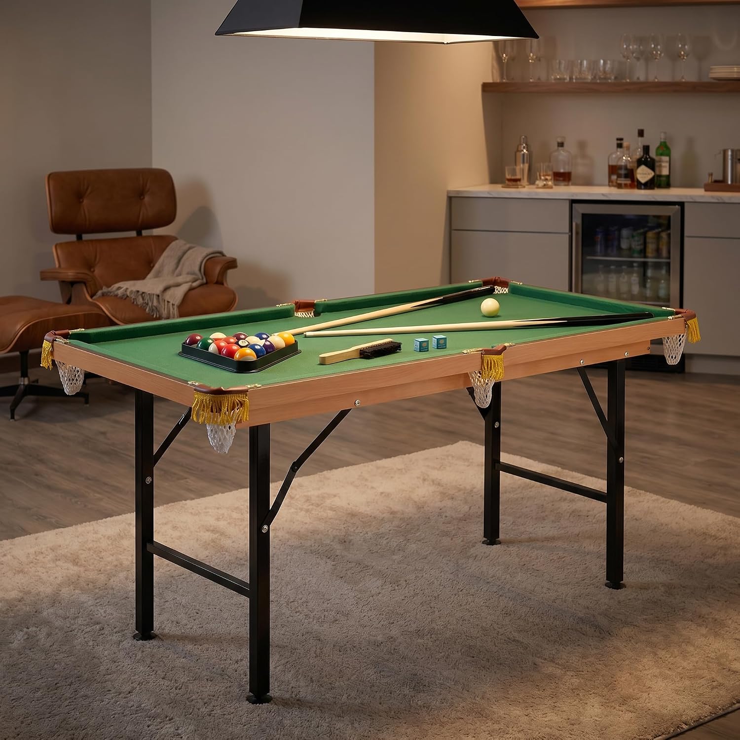 55' Portable Billiards Table with All Accessories, Foldable Pool Game Table for Whole Family Number Use with Cues, Ball, Rack, Chalk - Green