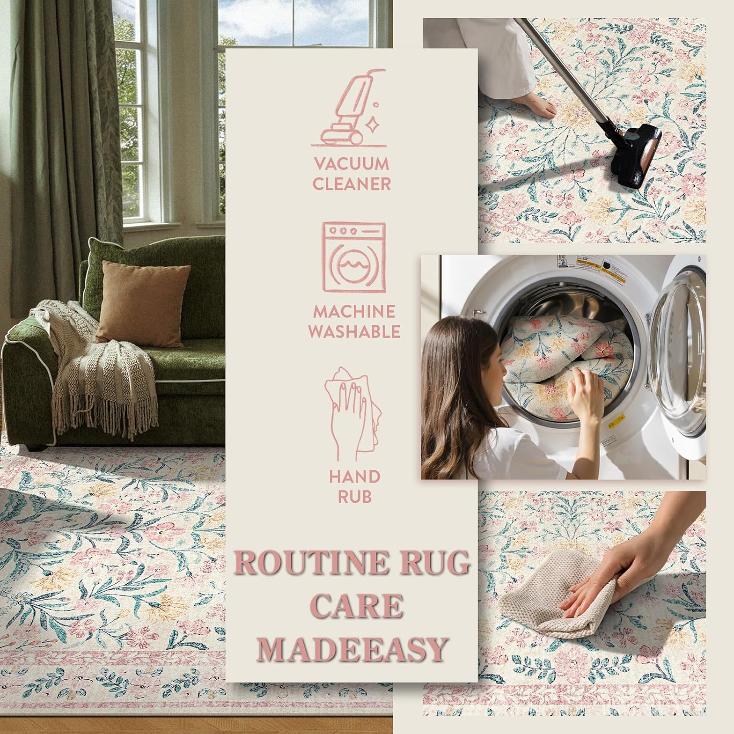 Lahome Sylvie Area Rugs 8x10 for Living Room, Boho Machine Washable Pink Cottage Decor for Girls Bedroom, Ultra-Thin Soft Cute Non Slip Floral Carpets for Dorm Reading Room Classroom, Pink/Multi