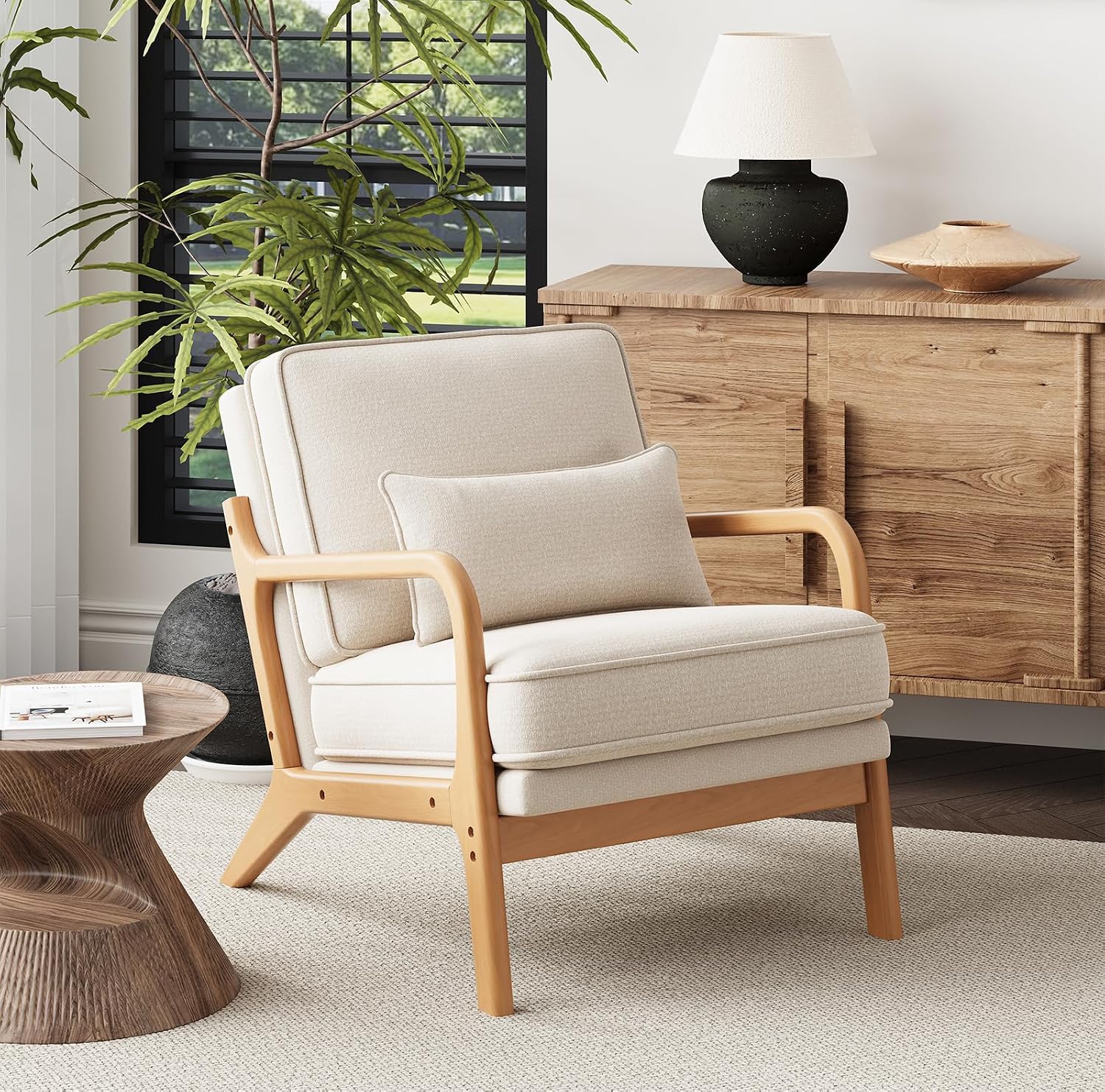 MALOL Mid-Century Accent Chair with Solid Wood Frame, Reading Relaxing Armchair Lumbar Pillow& Soft Cushion, Leisure Chair for Living Room, Bedroom, Waiting Room-Beige