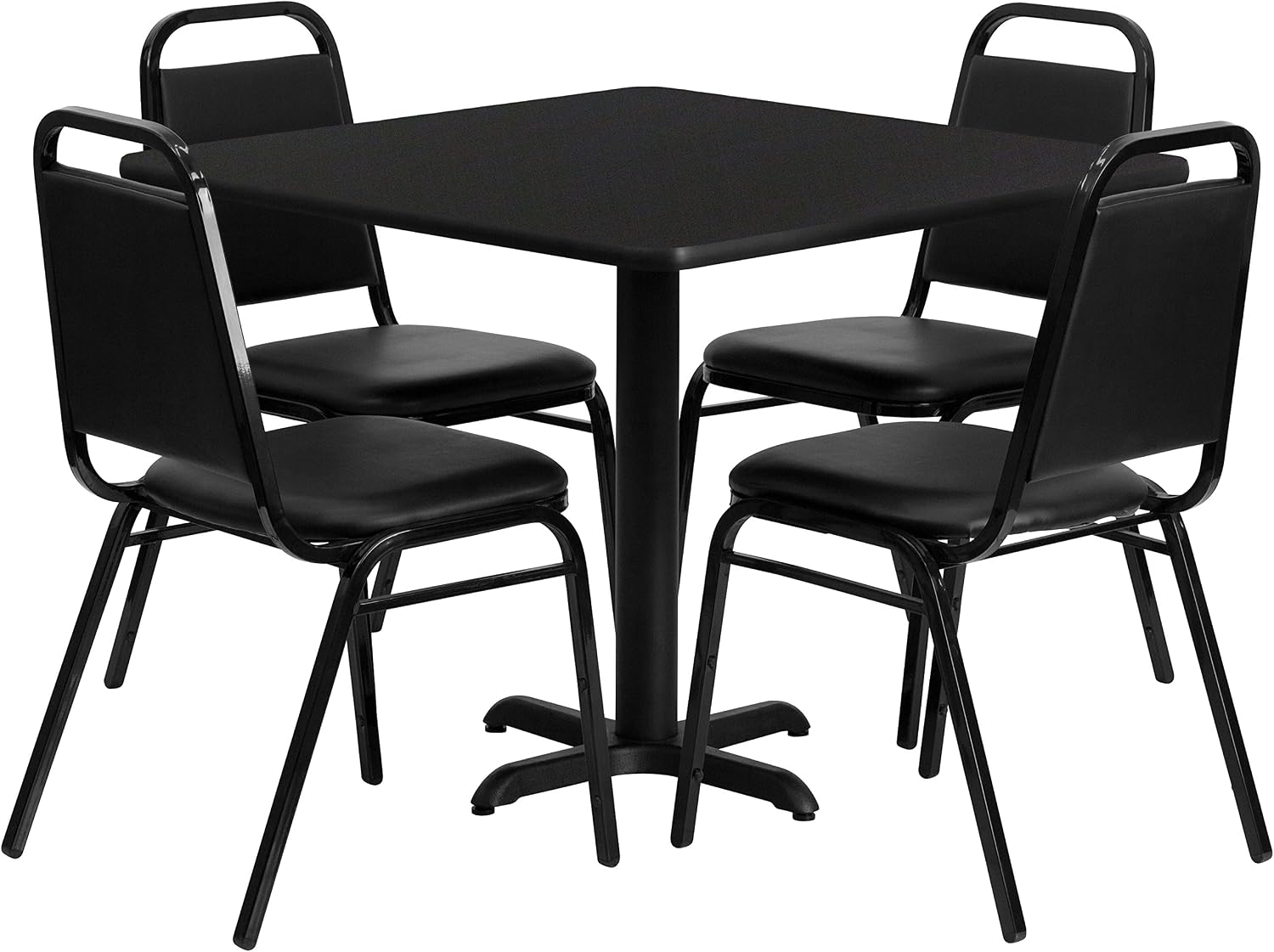 Flash Furniture 5-Piece 36' Square Laminate Dining Table/Chairs Set, Restaurant Dining Set with Table, X-Base, and 4 Trapezoidal Back Chairs, Black
