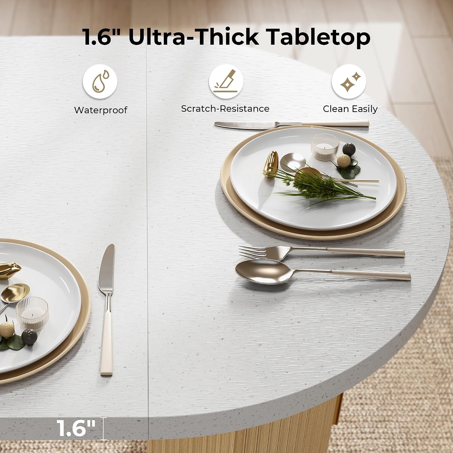 IRONCK 71' Oval Dining Table for 4-8, Modern Farmhouse Dining Table with Hidden Storage & Fluted Base, 1.6' Thick Faux Quartz Top, Dinner Table for Dining Room Kitchen Home Office, Oak