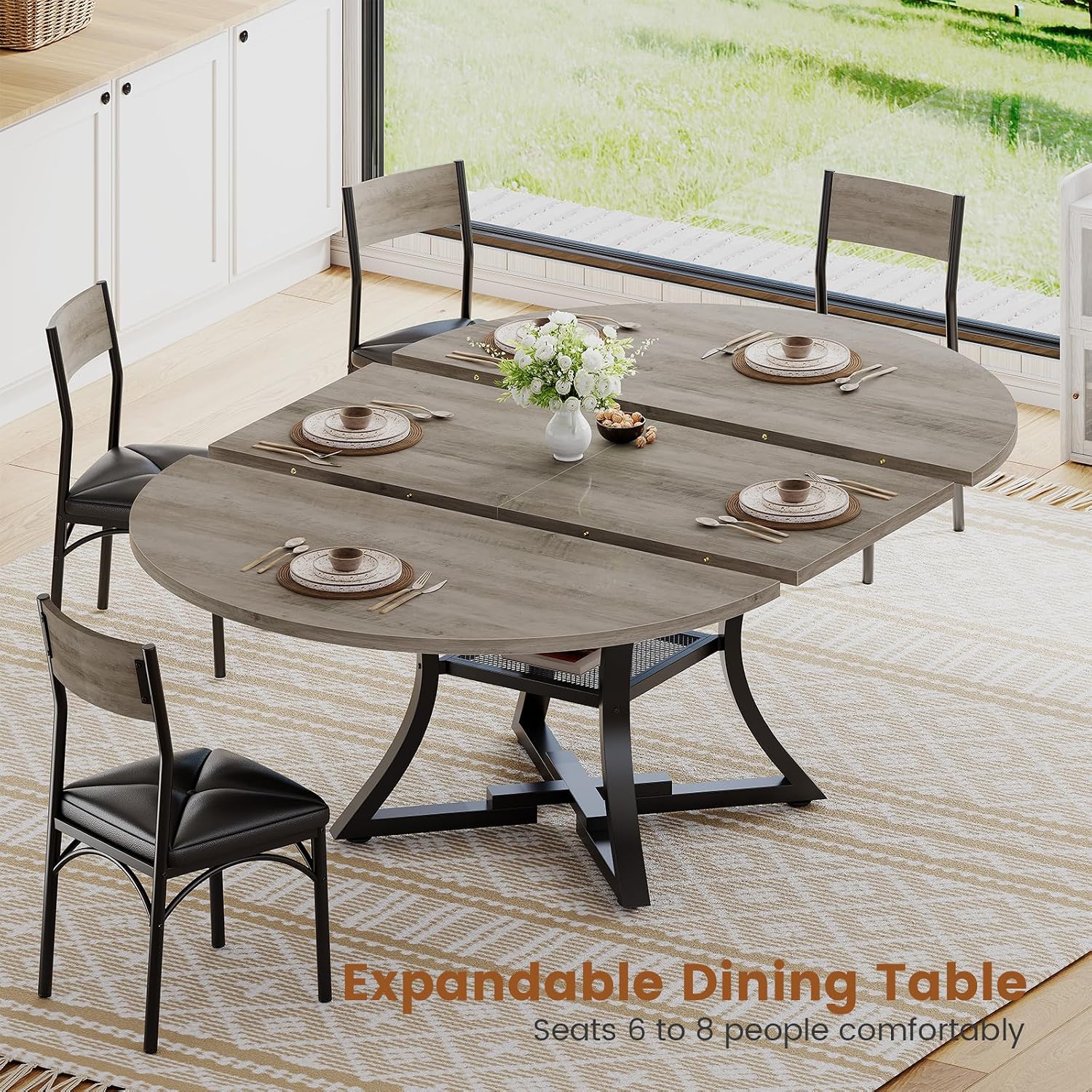 Itaar Round Extendable Dining Table Set for 4-6 People, 5-Piece Kitchen Table Set with 4 Cushion Chairs, Dining Room Table for 6 with MDF Board & Metal Frame for Small Space, Easy Clean, Grey