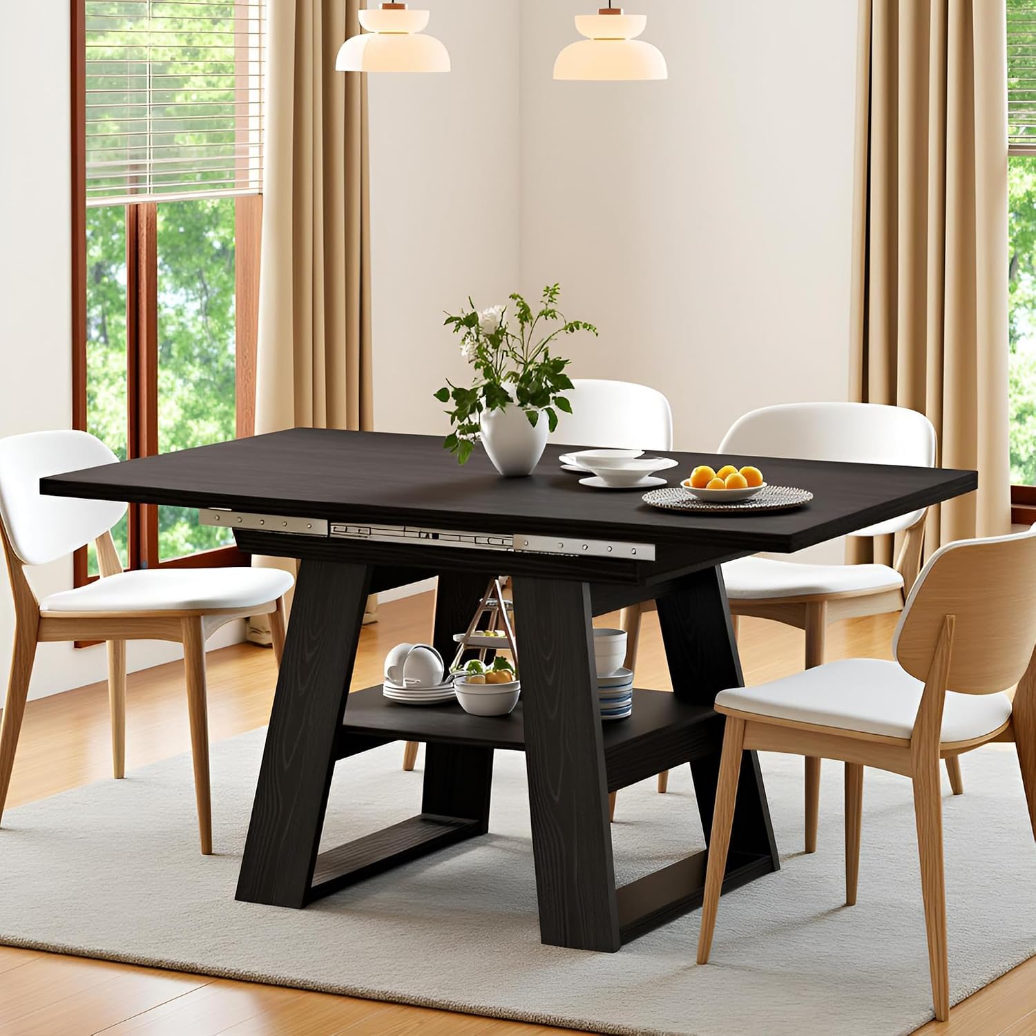 Lxsxlome 47.24''-66.92'' Extendable Dining Room Table for 4-6, Rectangle Extendable Kitchen Table with Removable Leaves, Space Saving, Wooden Dining Table with Storage Shelf (Style 2, Black)