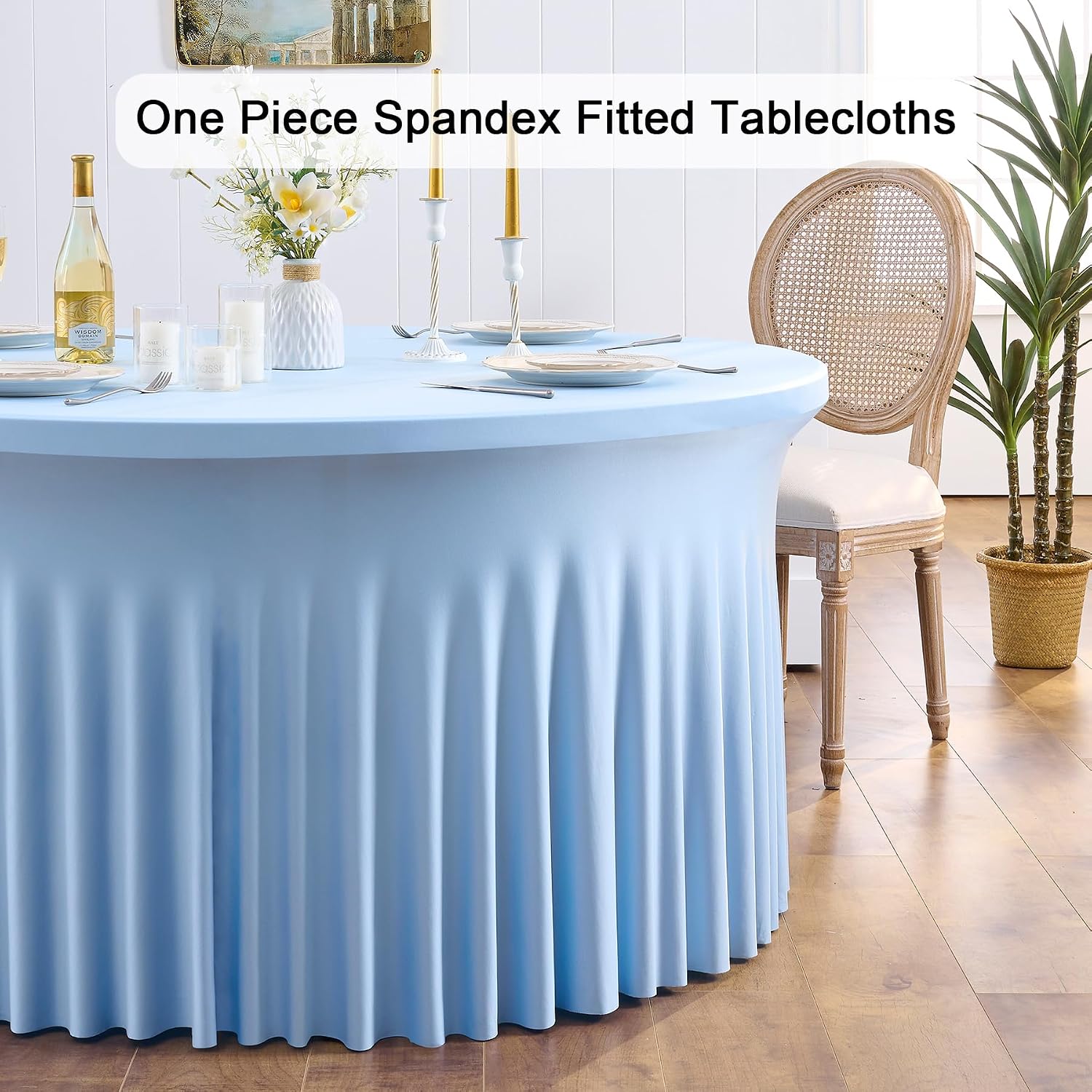 Outpain 6 Pack Spandex Baby Blue Round Tablecloths for 60in Tables, 120Inch Stretchy Fitted 5FT Round Table Clothes,Wrinkle Free Table Cover with Skirt for Wedding Party Dining Banquet