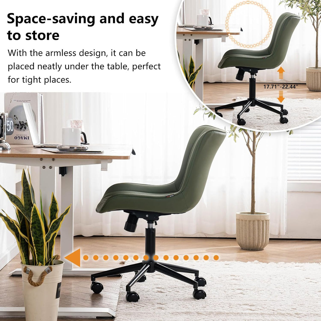 YOUNIKE Olive Green Office Desk Chair with Wheels Armless Compact Comfy Vanity Chair with Adjustable Back Modern Small Faux Leather Upholstered Swivel Cute Rolling Computer Task Chair No Arms