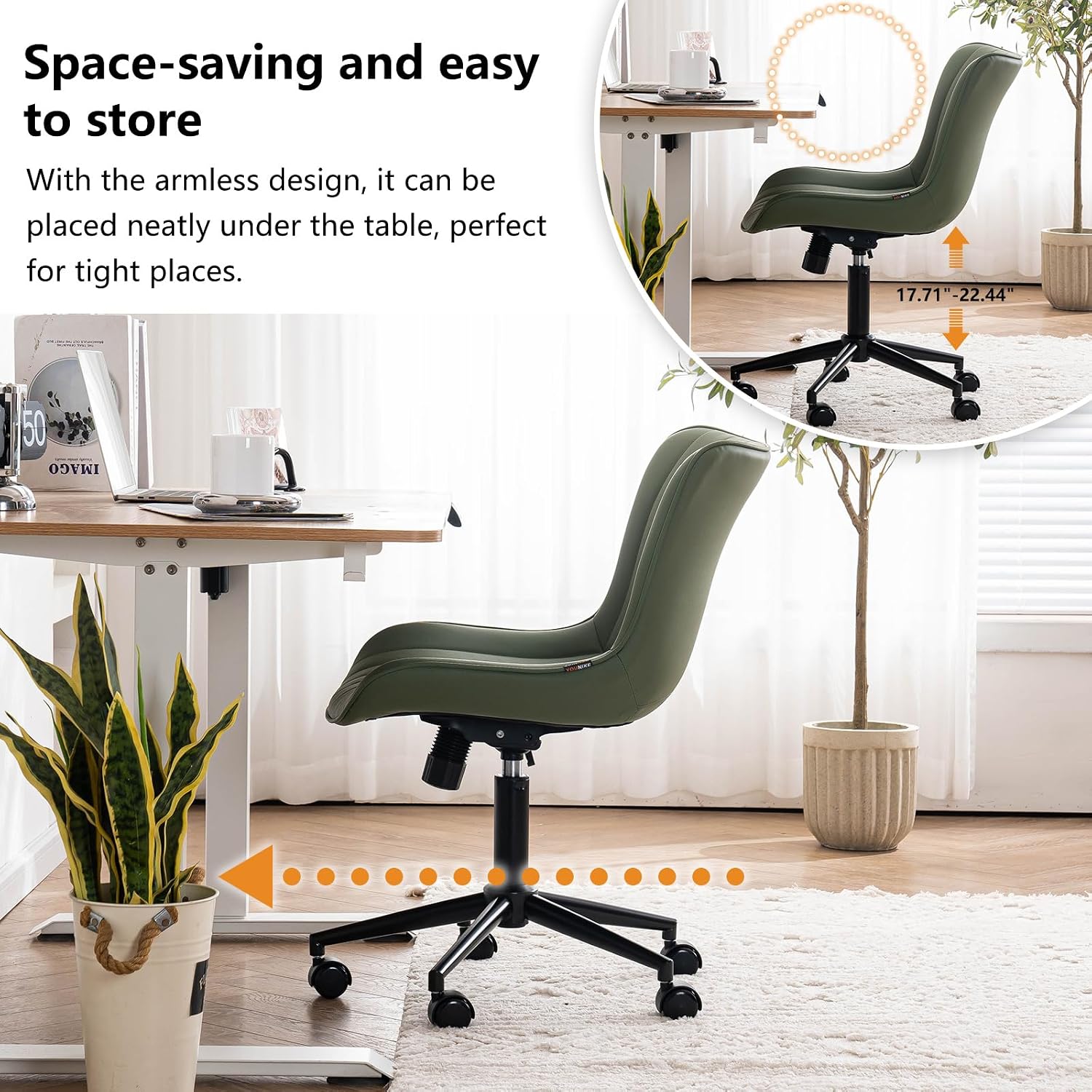 YOUNIKE Olive Green Office Desk Chair with Wheels Armless Compact Comfy Vanity Chair with Adjustable Back Modern Small Faux Leather Upholstered Swivel Cute Rolling Computer Task Chair No Arms