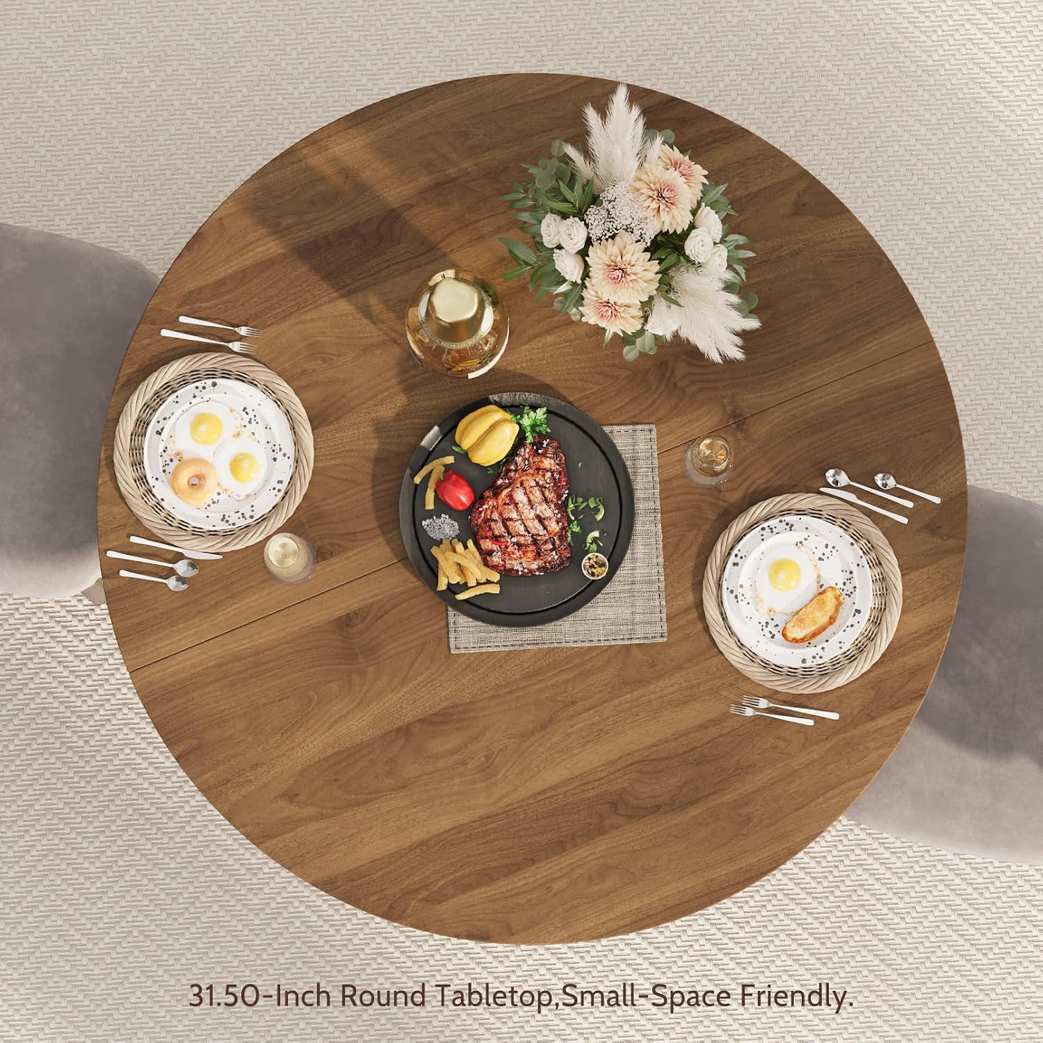 31.5 Inch Small Round Dining Table for 2, Modern Farmhouse Wood Kitchen Table, Rustic Walnut Circle Dining Room Table with Pedestal Base for Kitchen and Dining Room Furniture