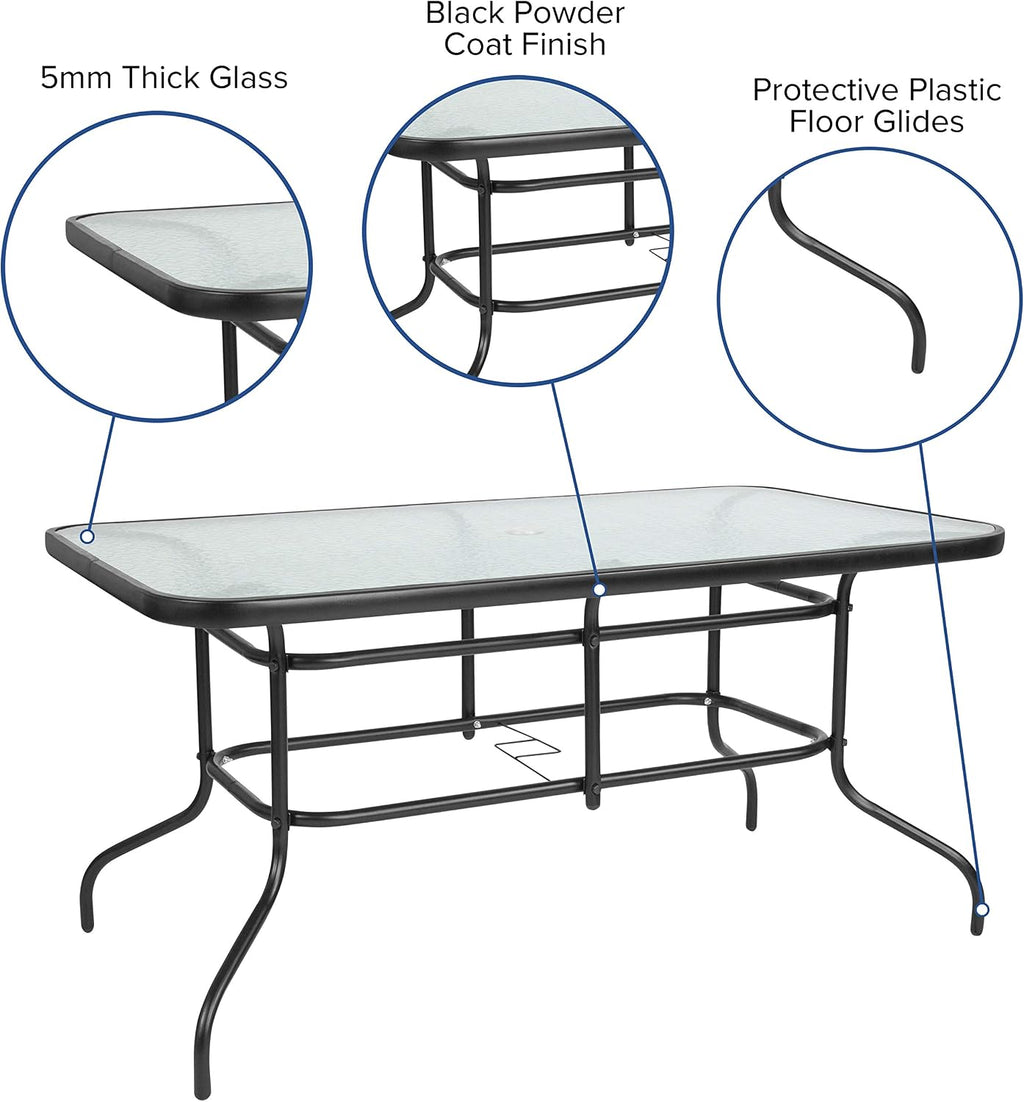 Flash Furniture Tory 31.5' x 55' Rectangular Tempered Glass Metal Patio Table with Umbrella Hole, Modern Rippled Glass Outdoor Dining Table, Black