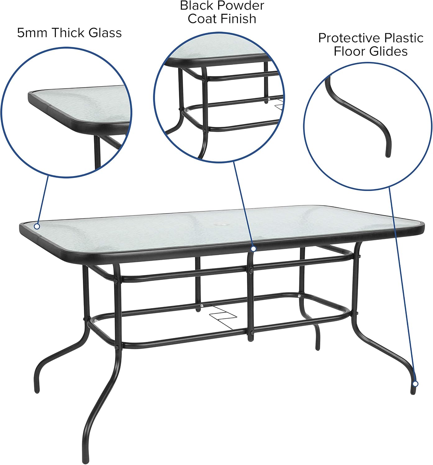 Flash Furniture Tory 31.5' x 55' Rectangular Tempered Glass Metal Patio Table with Umbrella Hole, Modern Rippled Glass Outdoor Dining Table, Black