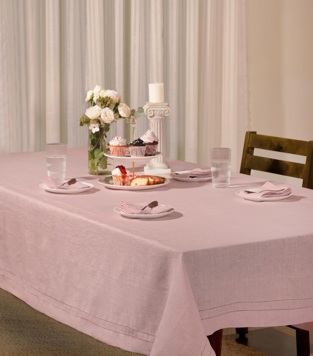 BLUE FLOWER CO Premium 100% Pure Linen Tablecloth 70'x120' Rectangle, Double Hemstitched Table Cover for Dinner, Parties, Eco-Friendly, Fall & Winter Table Décor - Dusty Rose