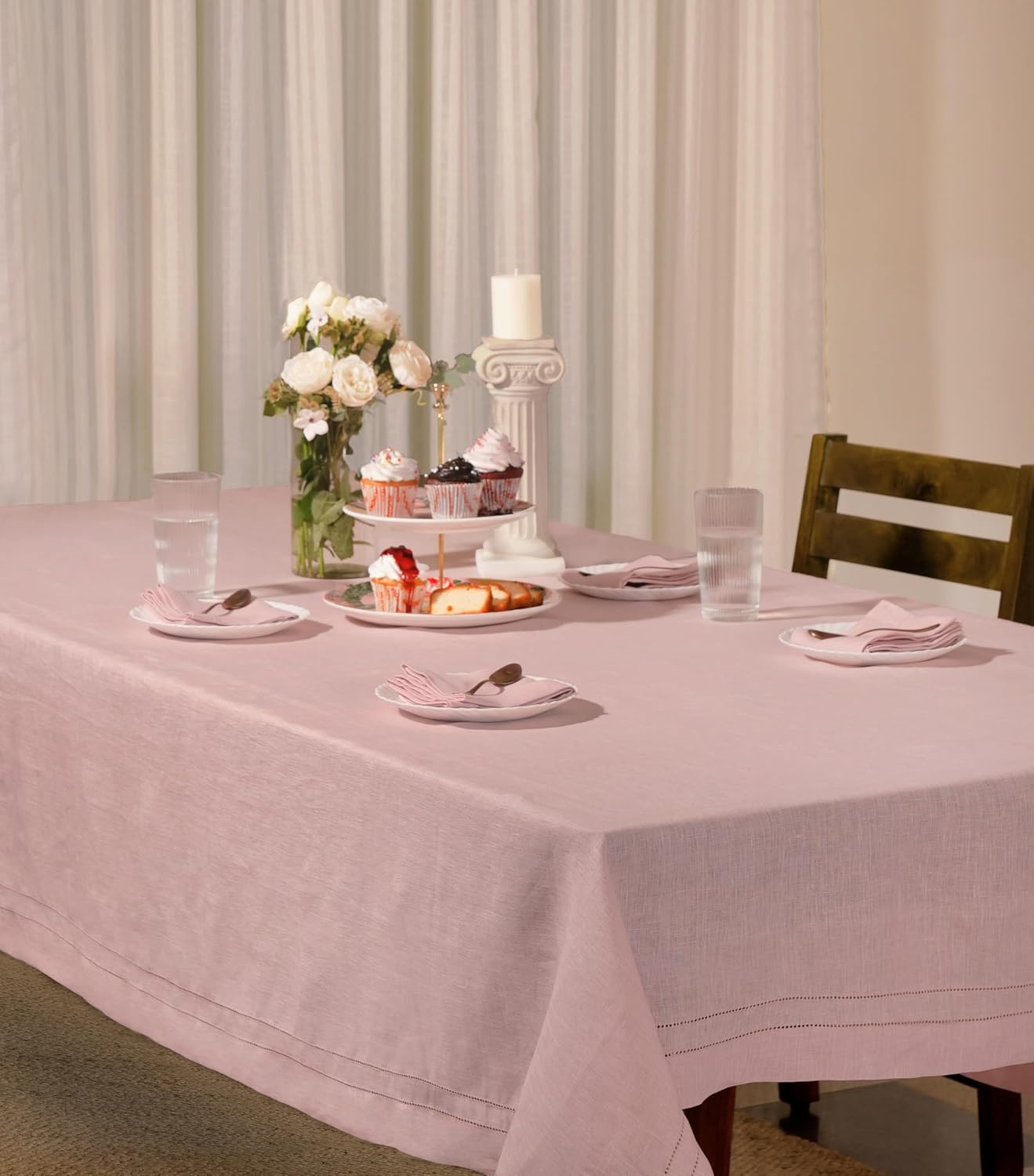BLUE FLOWER CO Premium 100% Pure Linen Tablecloth 70'x120' Rectangle, Double Hemstitched Table Cover for Dinner, Parties, Eco-Friendly, Fall & Winter Table Décor - Dusty Rose
