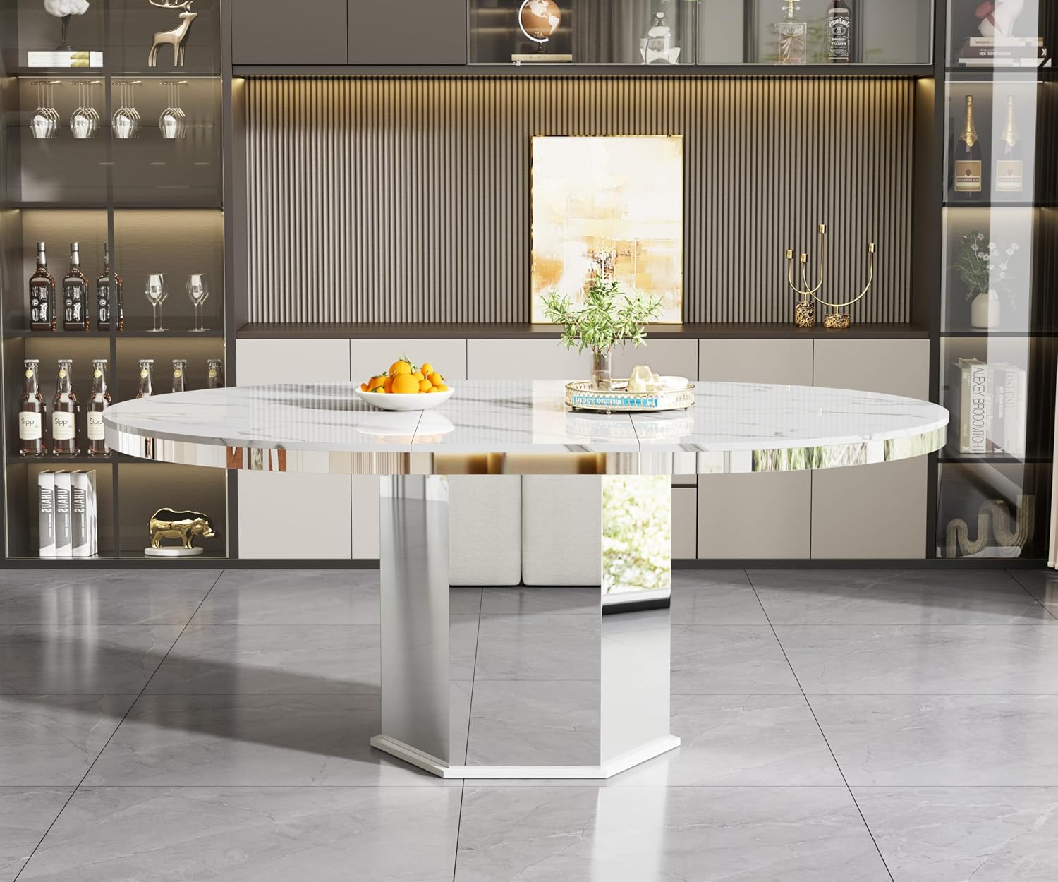 47'-63' Round White Faux Marble Extendable Dining Table for 4-6, Modern Luxury Round Dining Room Table, Kitchen Dinner Tables with Marble Veining Tabletop and Mirror Acrylic Base for Kitchen