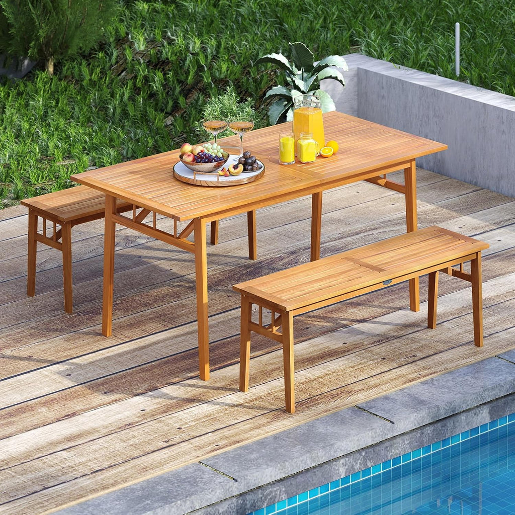 Tangkula 3 Pieces Patio Dining Set, Acacia Wood Space Saving Outdoor Rectangular Picnic Table with 1.97' Umbrella Hole and 2 Benches, for Yard, Garden and Poolside