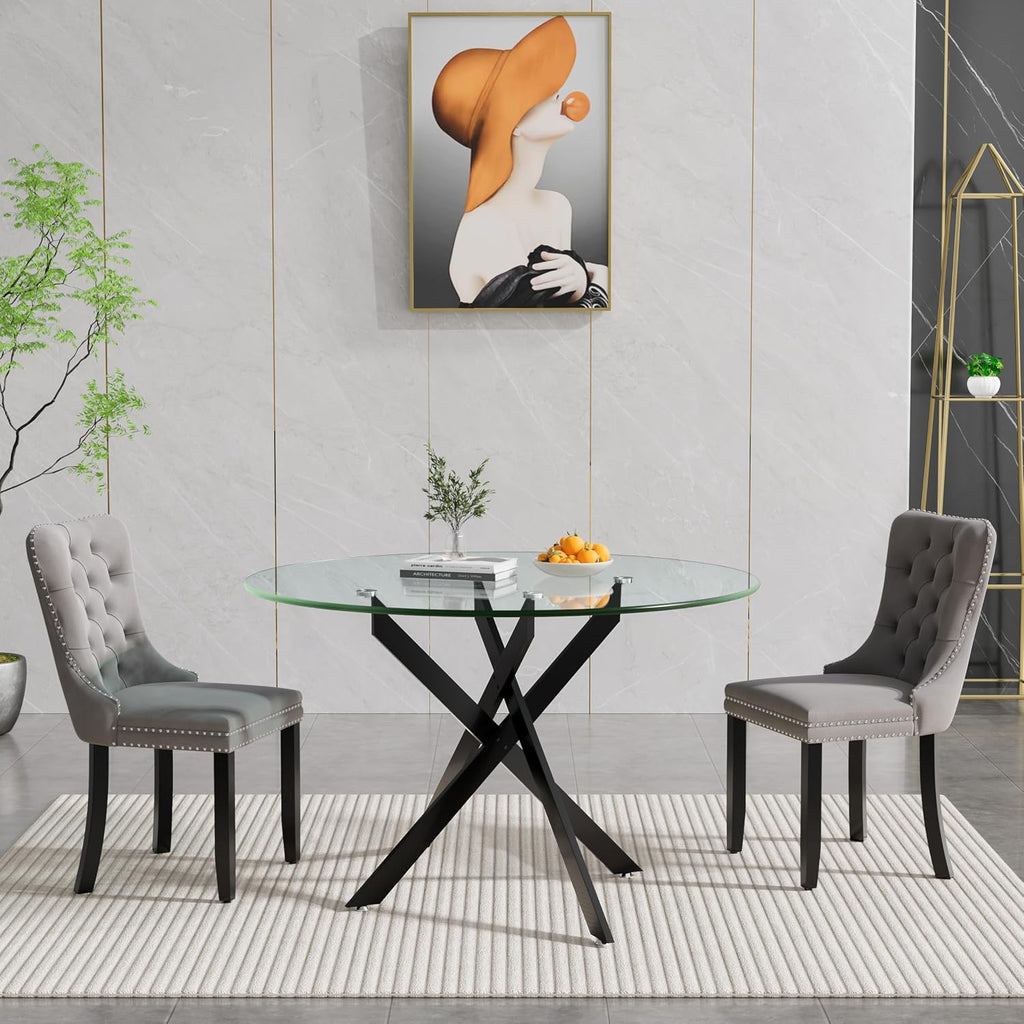 HomVent 3 Piece Round Glass Dining Table Set, Tempered Glass Dinner Table Set for 2 Kitchen Table Set with 2 Velvet Upholstered Chairs for Kitchen Dining Room