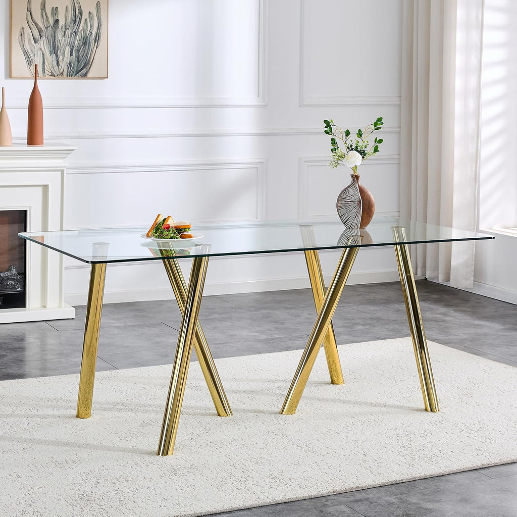 71' Glass Gold Dining Table for 4 6, Modern Kitchen Dining Room Table with 0.39' Thick Tempered Glass Tabletop and Metal Legs, Large Rectangle Dinner Tables for Home Kitchen Living Room