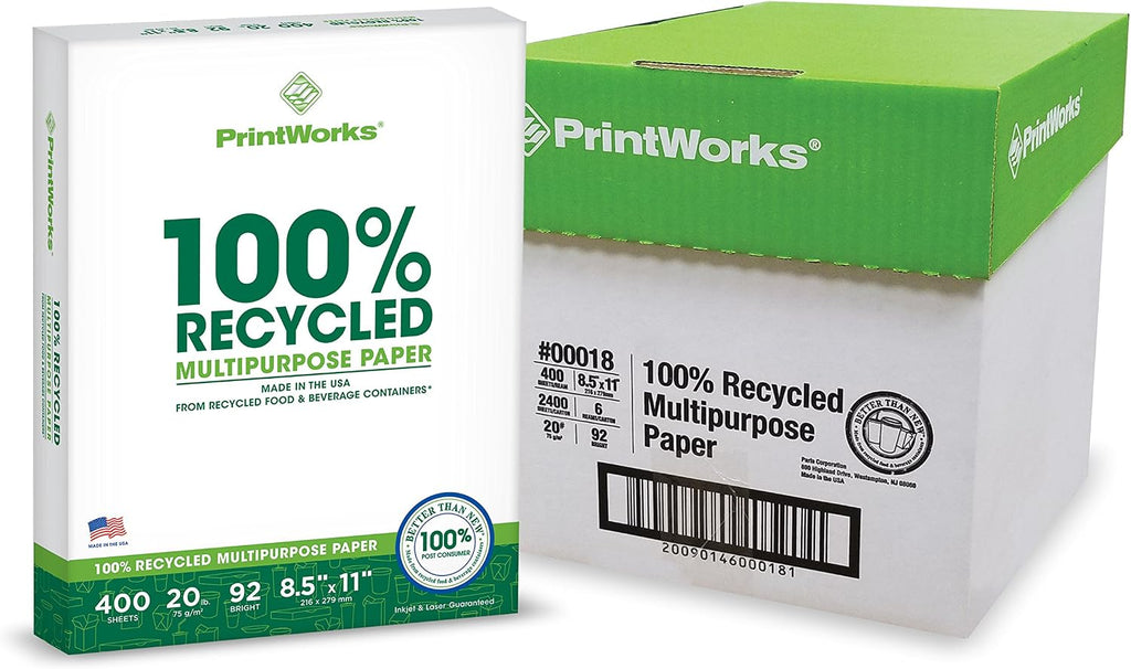 PrintWorks 100% Recycled Printer Paper 8.5' x 11' White - 20 lb Copy & Multipurpose Computer Paper - 2400 Sheets/Carton, 80 Cartons/Pallet, 192,000 Sheets - Made in the USA - 92 Bright (00018PAL)