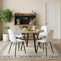 Round Dining Table Set for 4, Rustic 36' Circle Kitchen Table and 4 White Linen-Cotton Dining Chairs, Solid Metal Frame, Space Saving Wood Small Kitchen & Dining Room Furniture