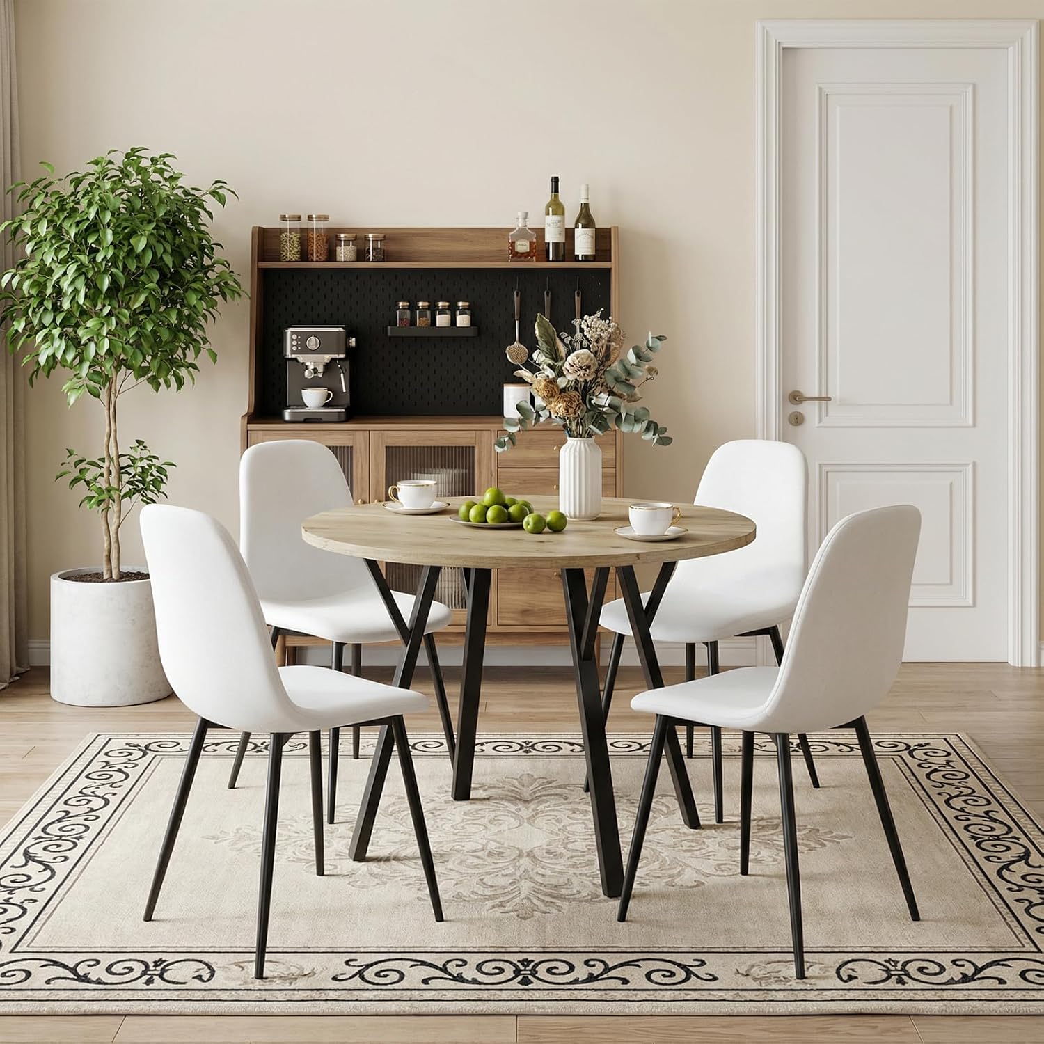 Round Dining Table Set for 4, Rustic 36' Circle Kitchen Table and 4 White Linen-Cotton Dining Chairs, Solid Metal Frame, Space Saving Wood Small Kitchen & Dining Room Furniture