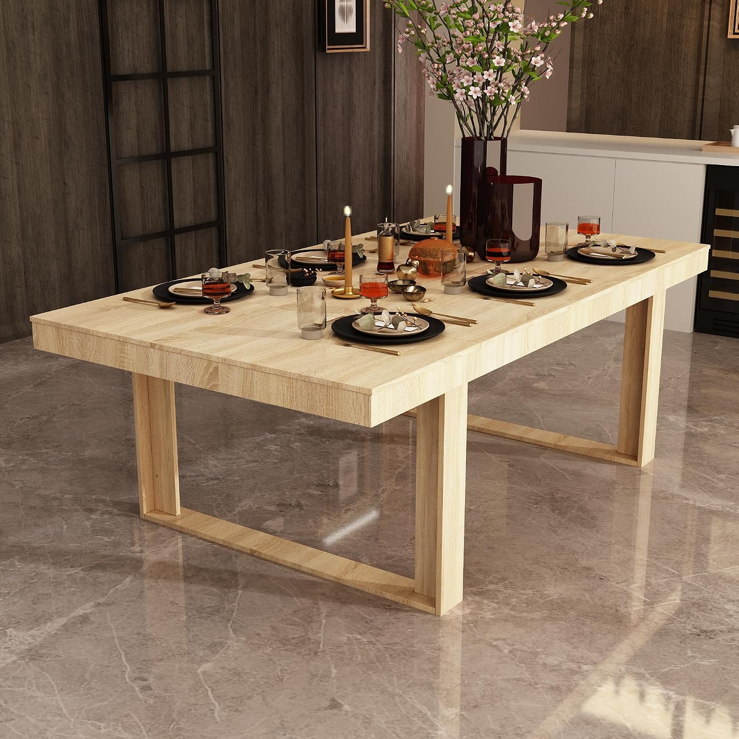 WOODTIME 86.6' W Dining Table for 8-10 People, Versatile Modern Wooden Dinner Table Kitchen Table for Dining Room Conference Room, Brown