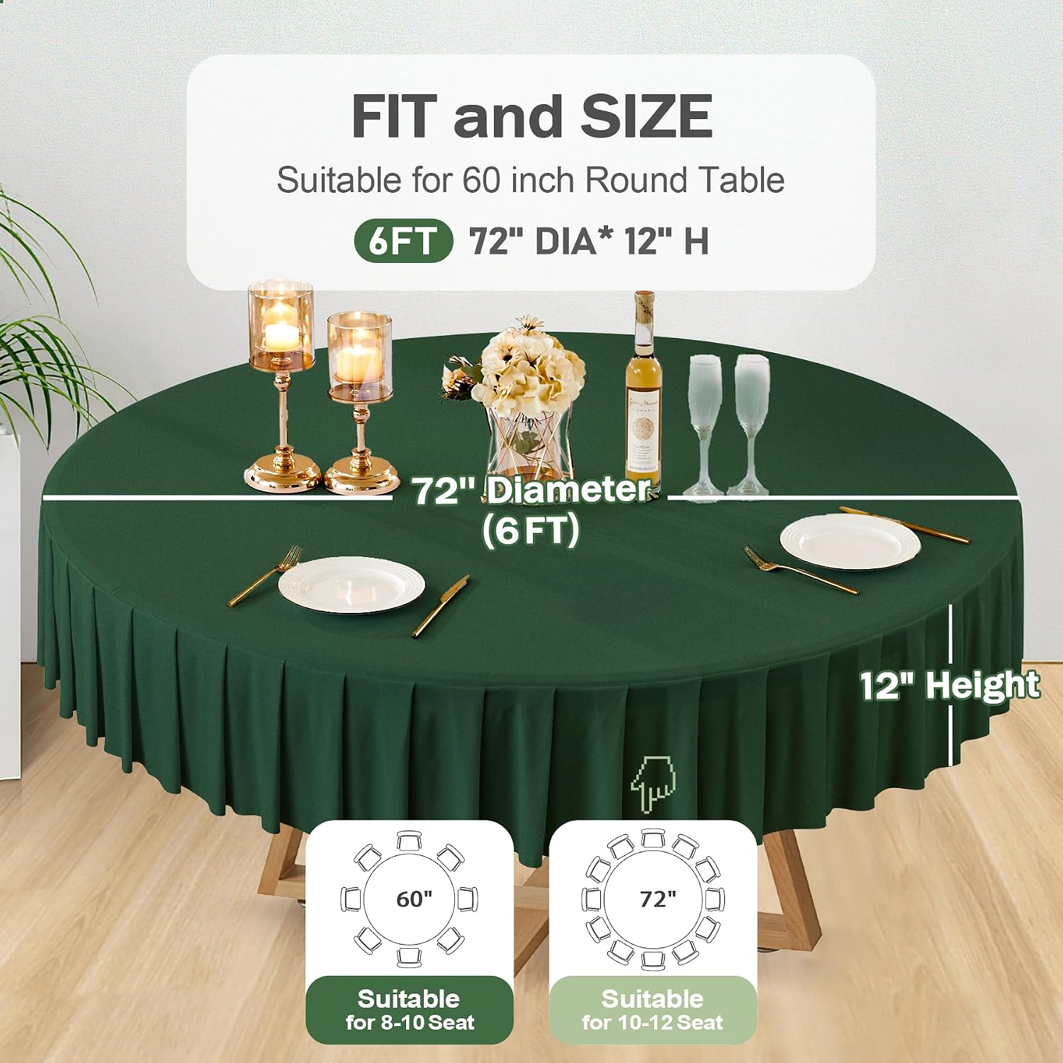 6 Pack 72 inch Green Spandex Round Tablecloths, Stretchy Fitted 6FT Round Table Cloths Wrinkle Free Table Covers with Skirt for Christmas Wedding Banquet Birthday Party