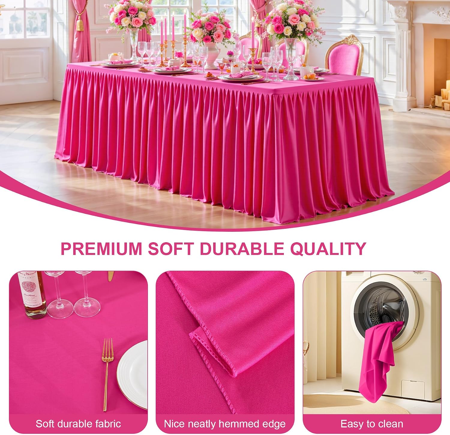 6 Packs Hot Pink Tableclothes for 6 Foot Rectangle Tables, Wrinkle Free Fitted Table Cloth 6ft Stretch Table Cover with Skirt for Parties Weddings Birthday Banquet Baby Shower