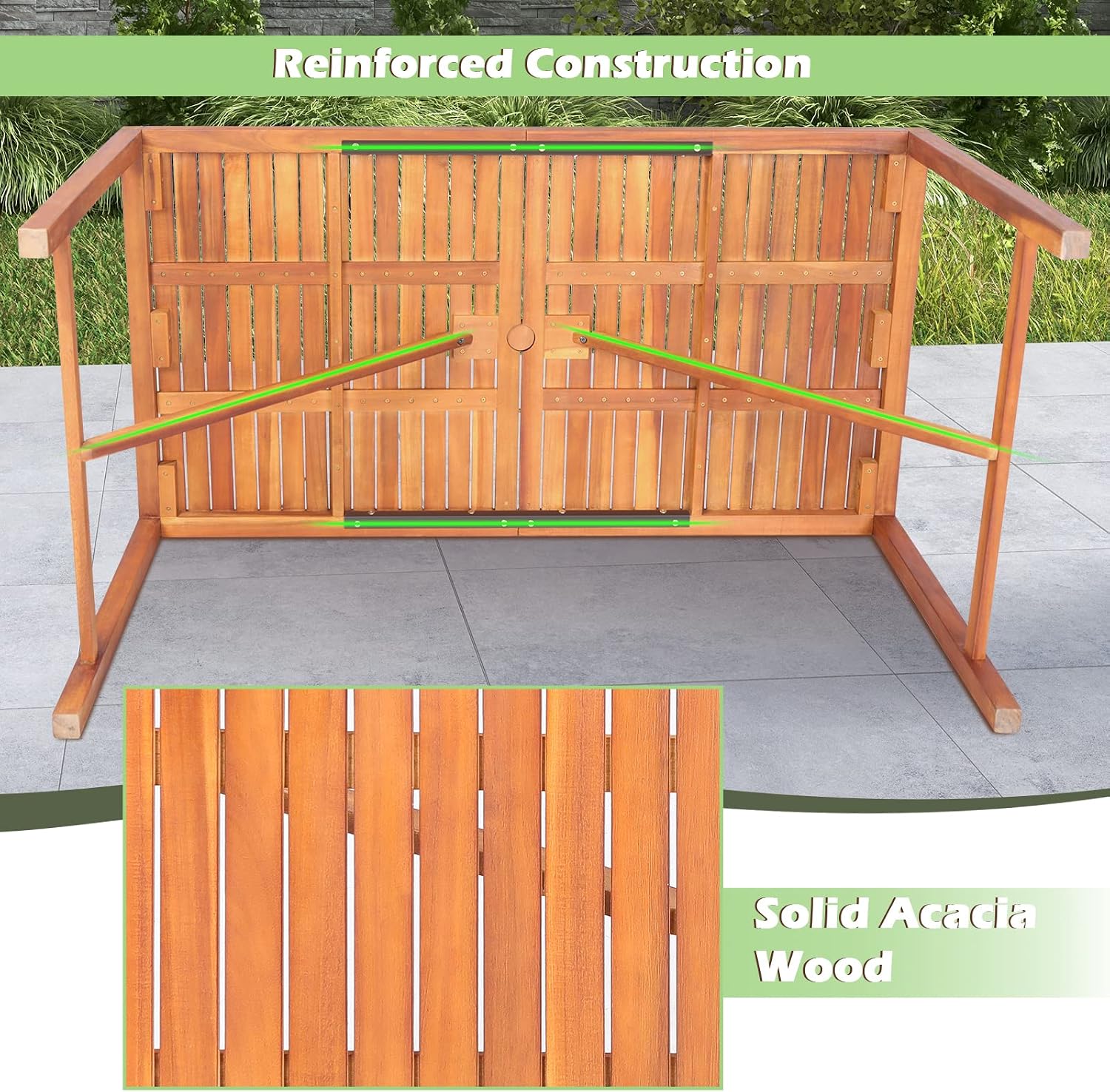 Tangkula 55' Acacia Wood Outdoor Dining Table for 4-6 Person, Rectangular Patio Dining Table with 2' Umbrella Hole and Support Bars, Indoor Outdoor Dining Furniture for Deck, Garden, Poolside & Yard