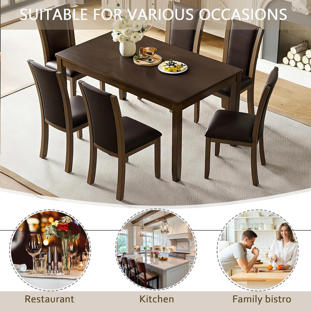 LUMISOL 7-Piece Modern Dining Table Set with Upholstered Chairs of 6, Wooden Rectangular Table for 6-8 People, Farmhouse Kitchen Set for Restaurant, Walnut
