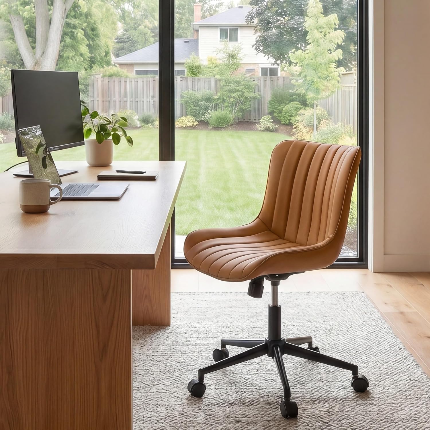 YOUNIKE Ergonomic Home Office Desk Chair with Wheels Comfy Armless Criss Cross Chair with Back Adjustable Height Modern Leather Upholstered Swivel Vanity Chair Small Cute Rolling Task Chair Tan