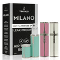 Travalo Milano Perfume Atomizer Bundle - Leak-Proof and TSA Approved for Air Travel - Reusable, Easy Fill Mini Pump Sprayer - Vegan Leather w/Polished Metal - White, Aqua, Perfect Pink - 3 Pack