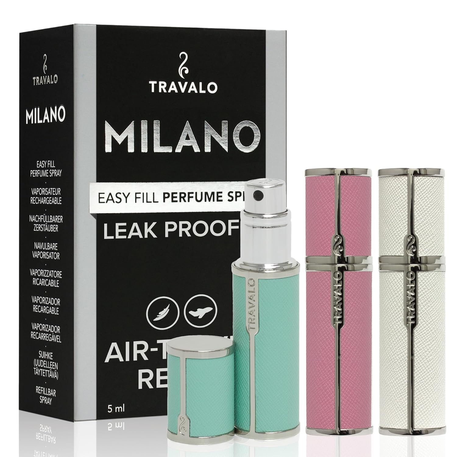 Travalo Milano Perfume Atomizer Bundle - Leak-Proof and TSA Approved for Air Travel - Reusable, Easy Fill Mini Pump Sprayer - Vegan Leather w/Polished Metal - White, Aqua, Perfect Pink - 3 Pack