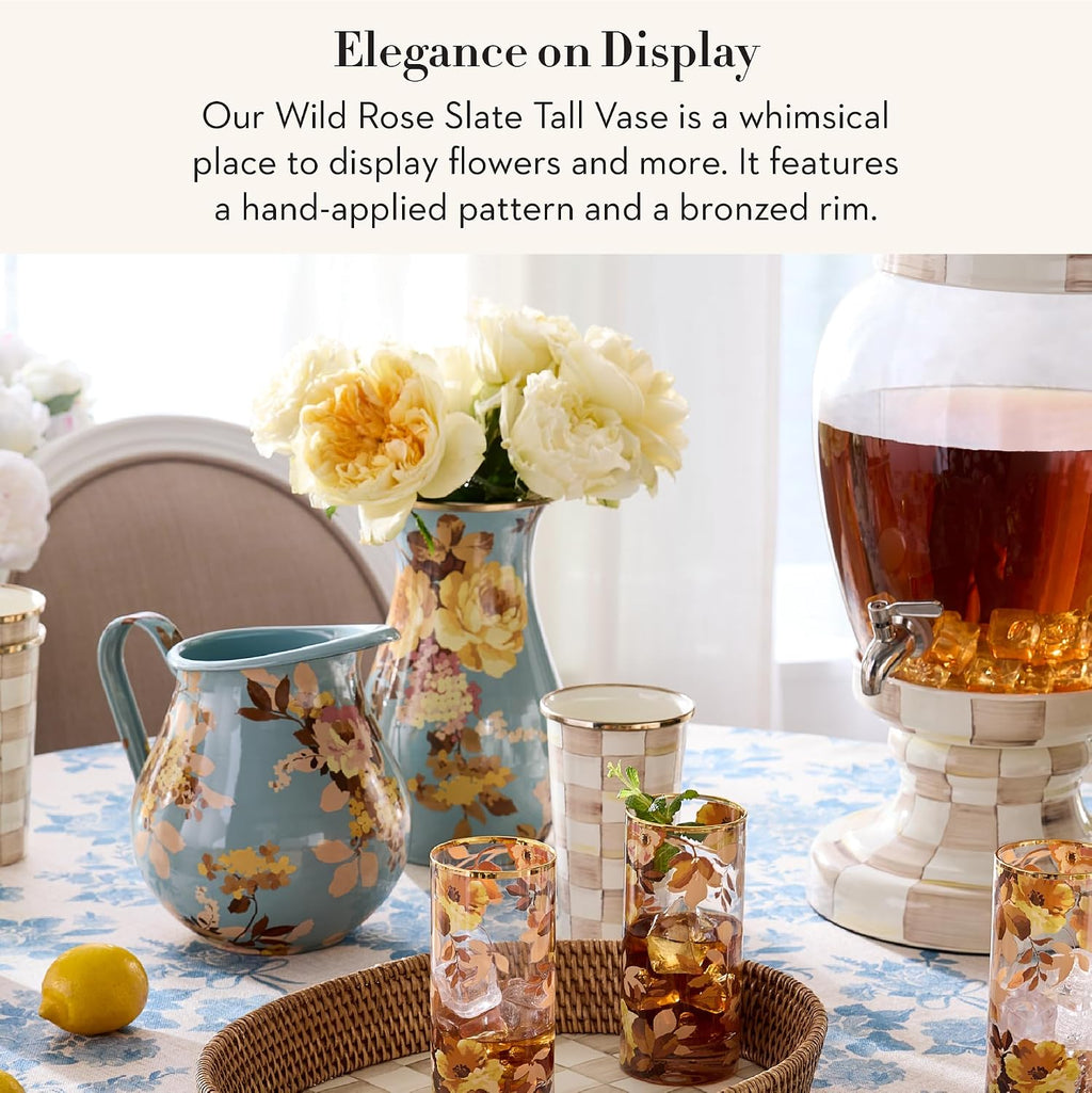 MACKENZIE-CHILDS Tall Enamel Vase, Unique Flower Vase Decor for Living Room, Wild Rose Slate