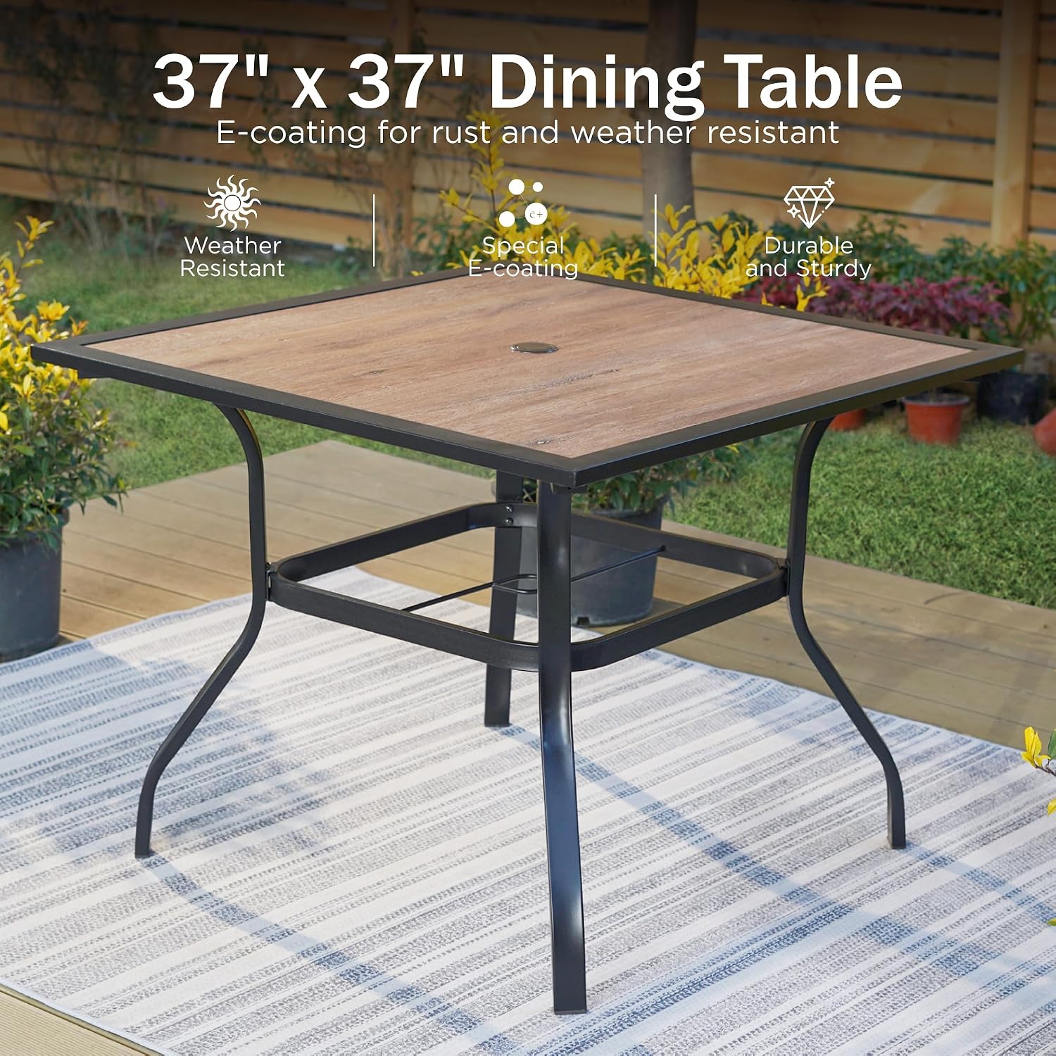 PHI VILLA 37' x 37' Patio Dining Table Outdoor Dining Furniture Umbrella Table with 1.57' Umbrella Hole, Steel Frame with Premium PVC Table Top for Patio, Lawn Garden