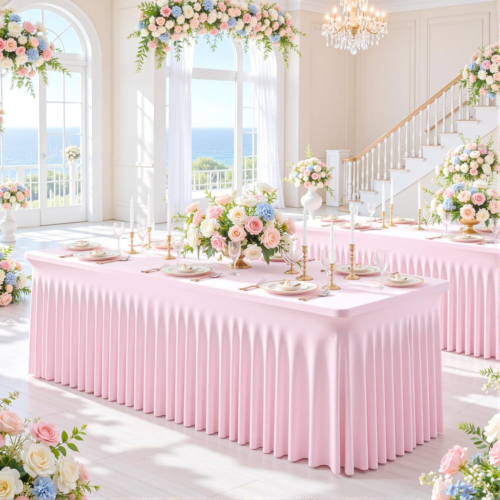 6 Pack Pink Table Cloth for 8 Foot Rectangle Tables Spandex Fitted Tablecloth 8ft Stretch Table Covers Skirt Pink Banquet Tablecloths Wrinkle Free Tablecloth for Party Wedding Birthday Event