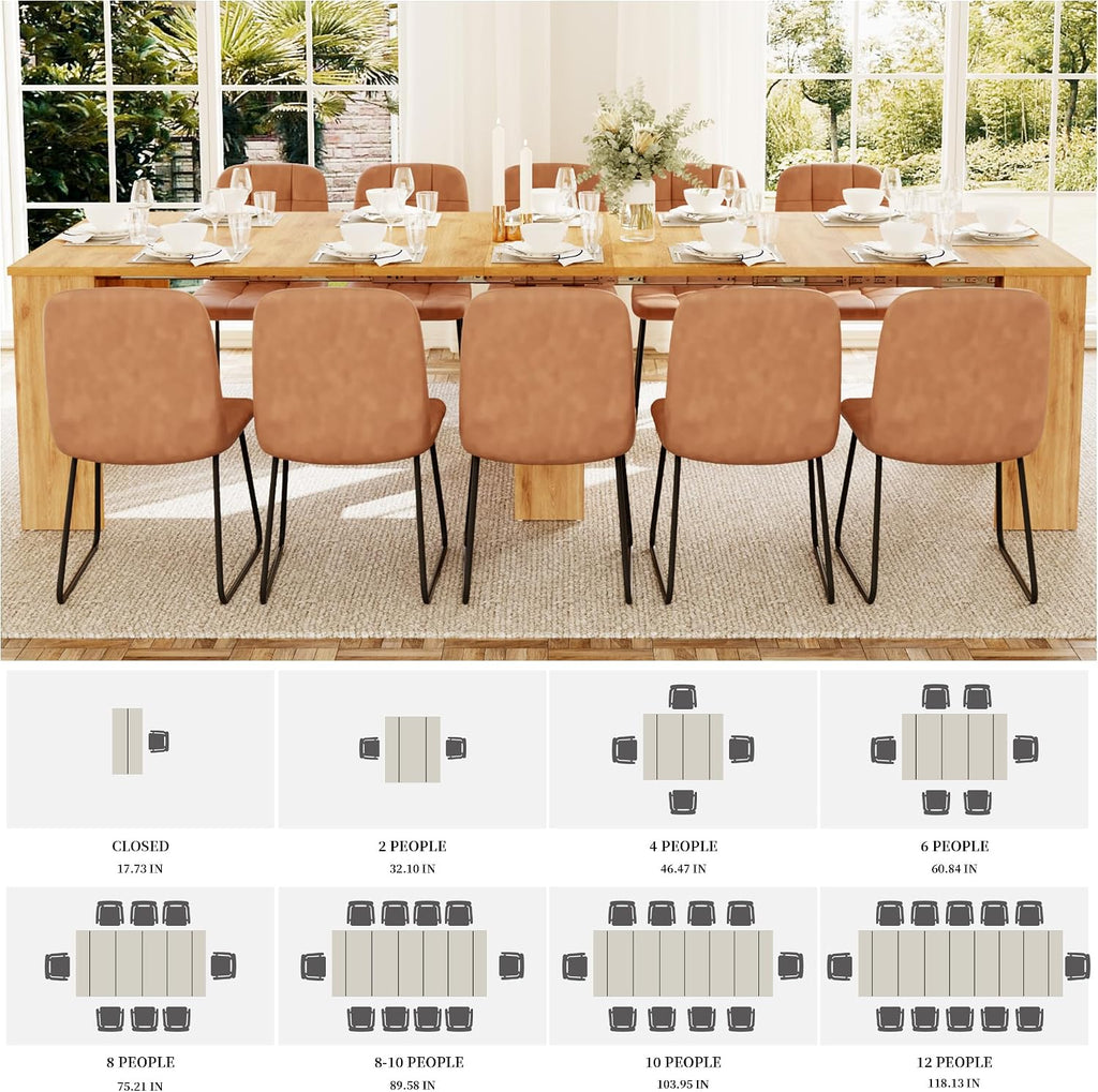 HIPIHOM 17.7'-118' Extendable Dining Table Set for 12, Extension Long Table Set with Extension Leaves Holder, Space-Saving for Meeting, Dining Room(Oak Table+10 U-Shaped Brown Chairs)