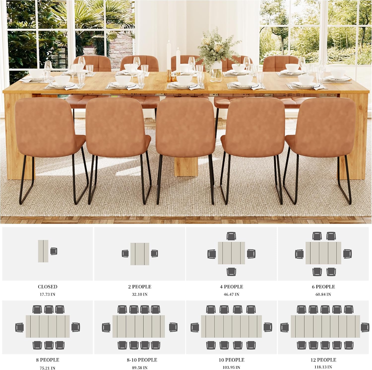 HIPIHOM 17.7'-118' Extendable Dining Table Set for 12, Extension Long Table Set with Extension Leaves Holder, Space-Saving for Meeting, Dining Room(Oak Table+10 U-Shaped Brown Chairs)