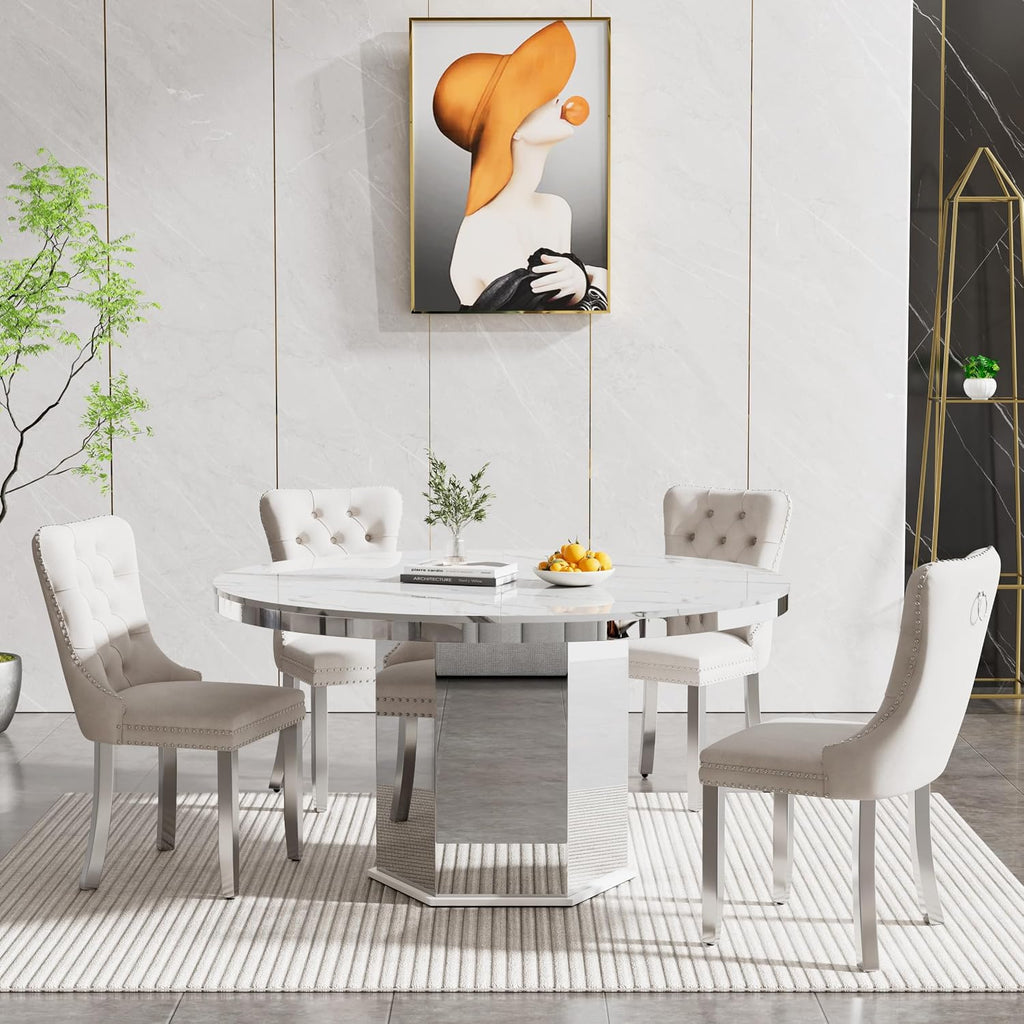 5 Pieces 47'-63' White Faux Marble Extendable Dining Table Set, Round Expanding Kitchen and Dining Room Table Set for 4 with Mirrored Acrylic Base & Beige Velvet Upholstered Chairs