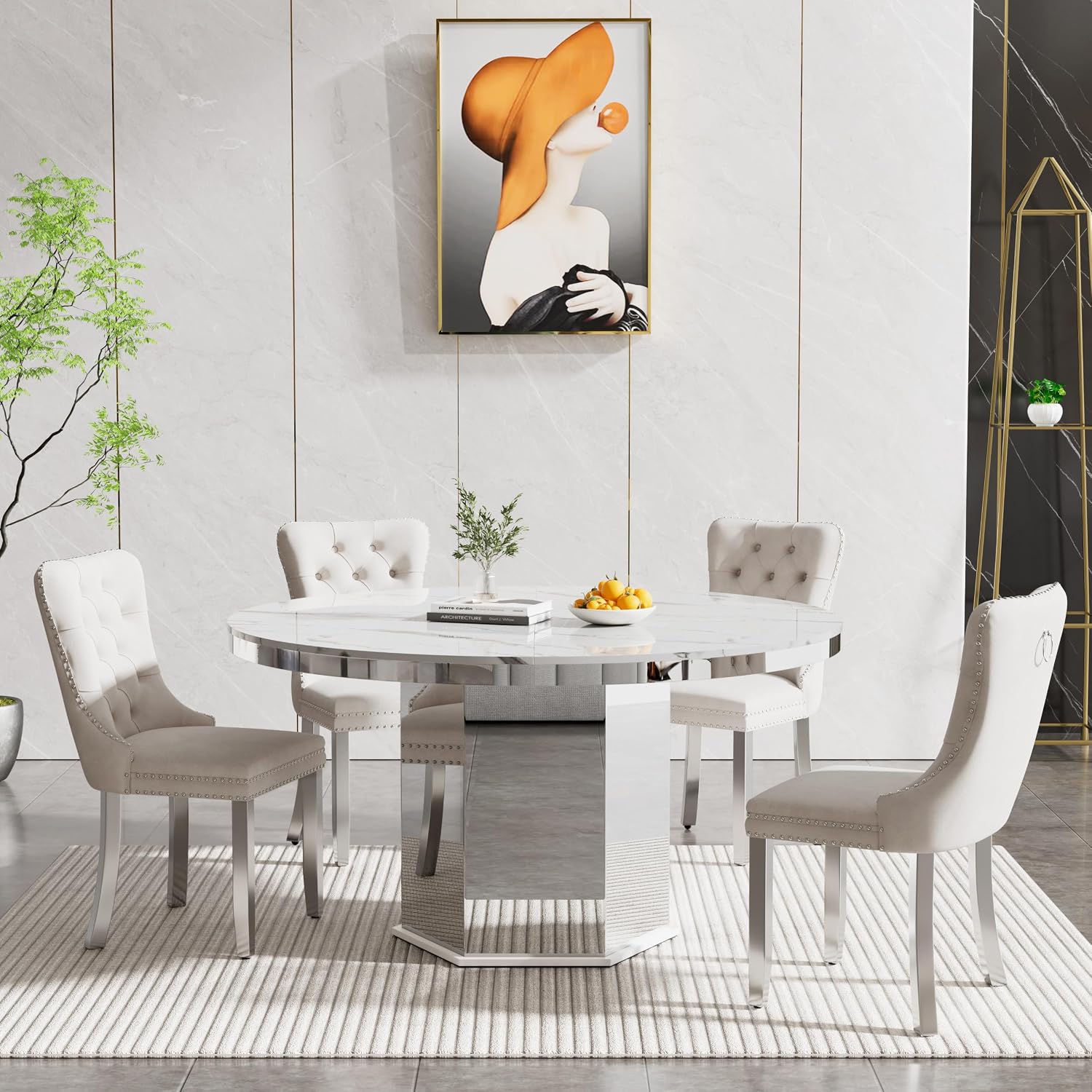 5 Pieces 47'-63' White Faux Marble Extendable Dining Table Set, Round Expanding Kitchen and Dining Room Table Set for 4 with Mirrored Acrylic Base & Beige Velvet Upholstered Chairs