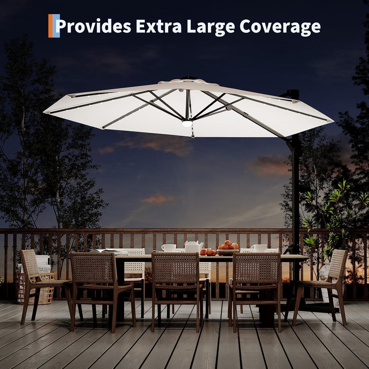 Garvee 10 ft Cantilever Patio Umbrella with Solar Lights, 360° Rotation Offset Umbrella, Easy Crank & Tilt Adjustment, UV Protection for Backyard, Poolside, Deck -Beige